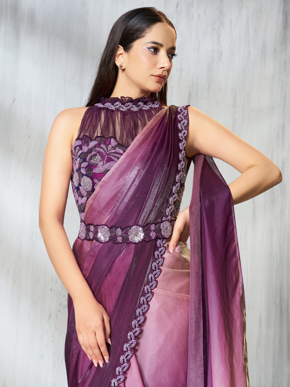 Purple Ombre Dual Tone Ready To Wear Satin Saree With Trendy Blouse