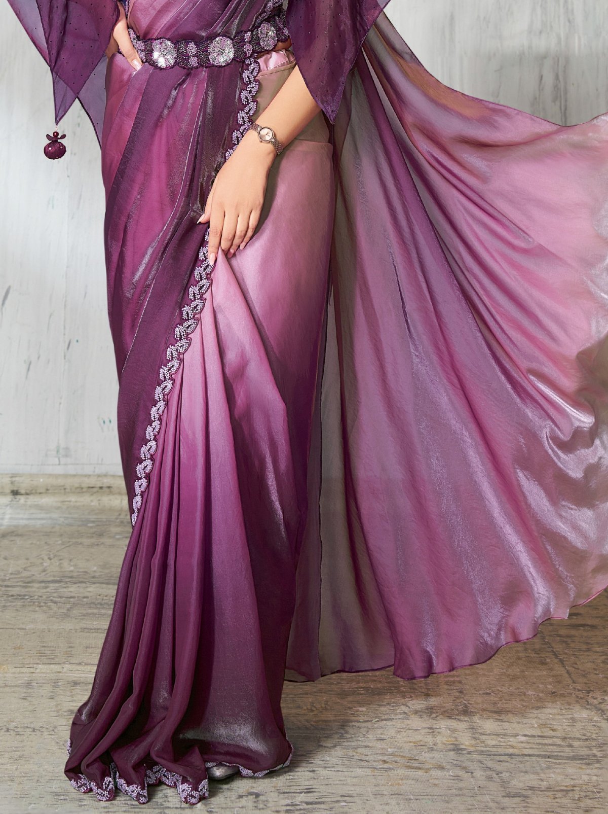 Purple Ombre Dual Tone Ready To Wear Satin Saree With Trendy Blouse