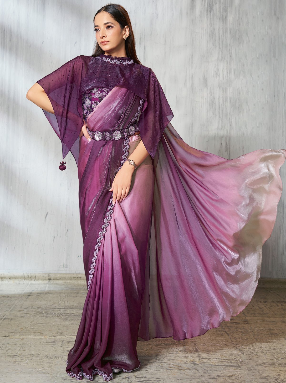 Purple Ombre Dual Tone Ready To Wear Satin Saree With Trendy Blouse