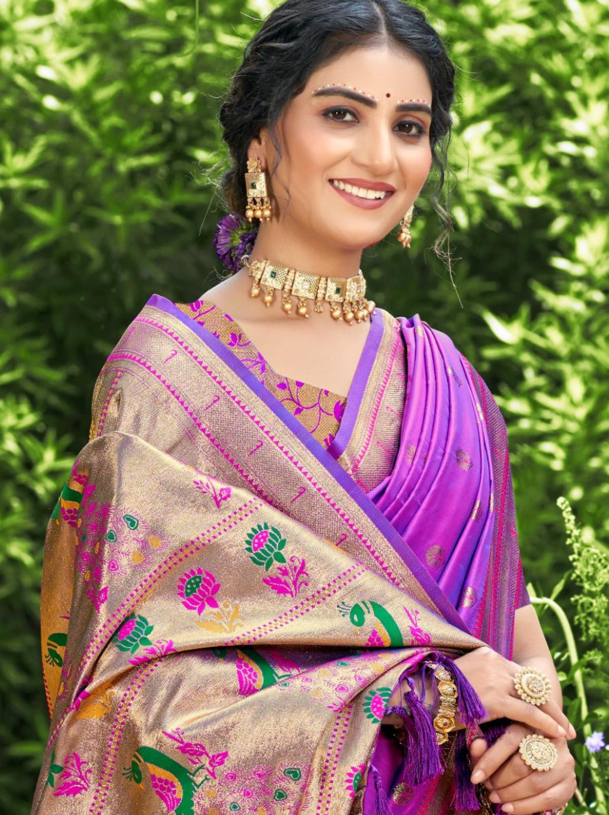Grape Violet Designer Paithani Silk Saree with Tassels