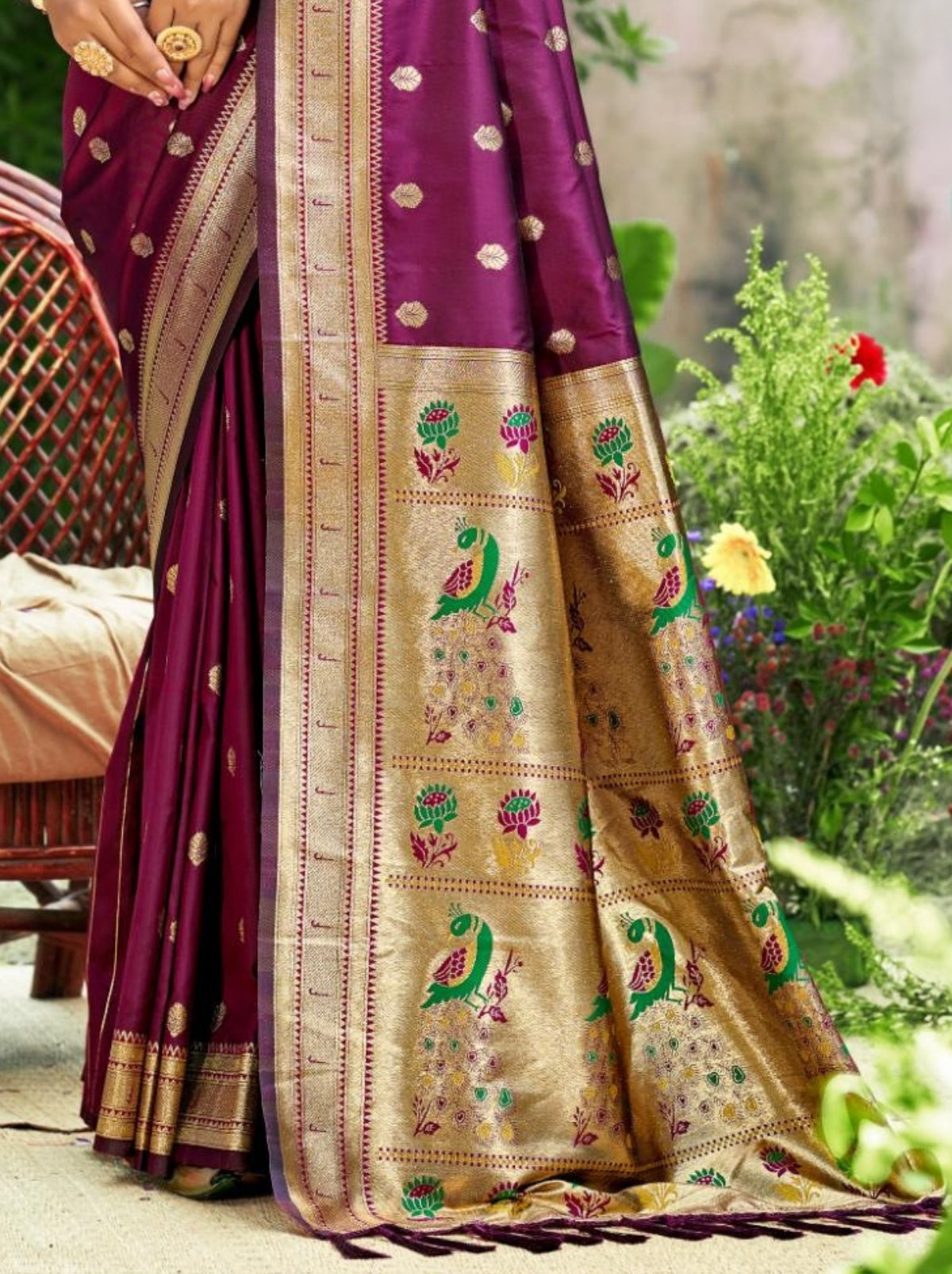 Wine Purple Designer Paithani Silk Saree with Tassels