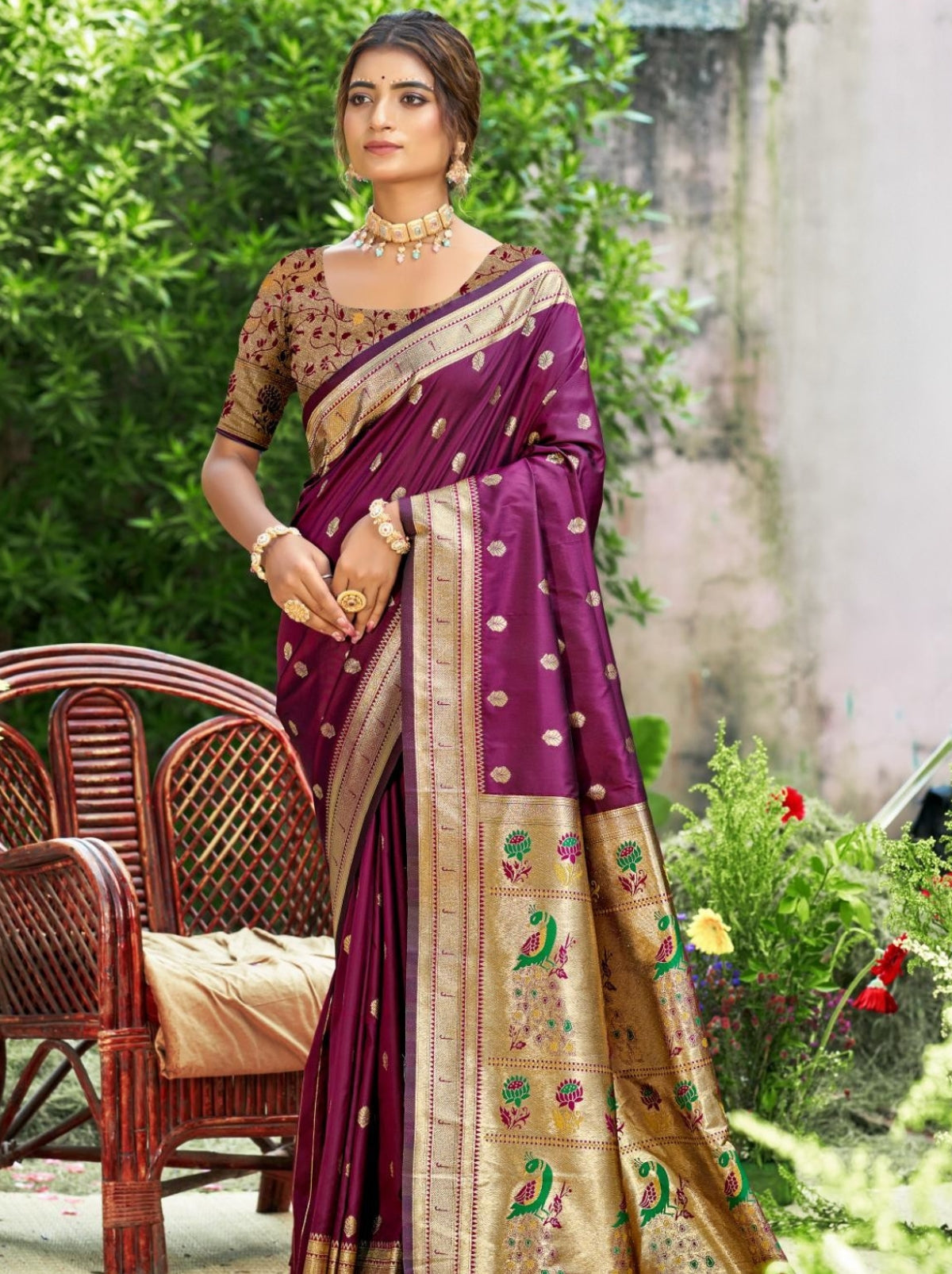 Wine Purple Designer Paithani Silk Saree with Tassels