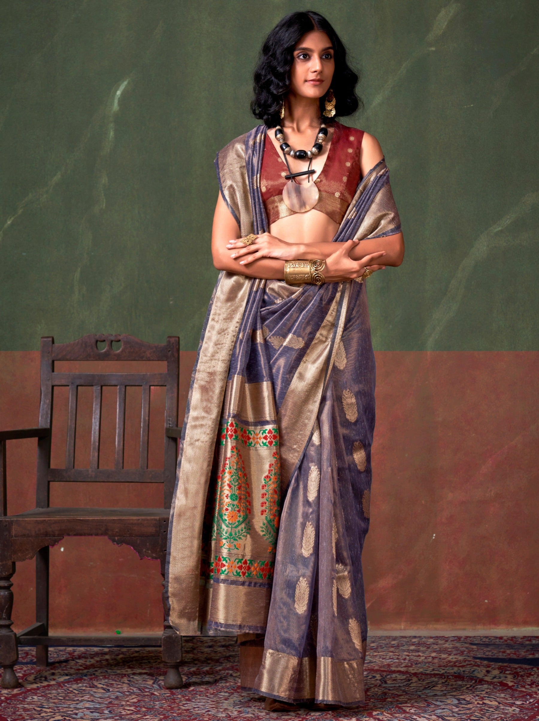 Grape Violet Paithani Zari Tissue Silk Party Saree - TrendOye