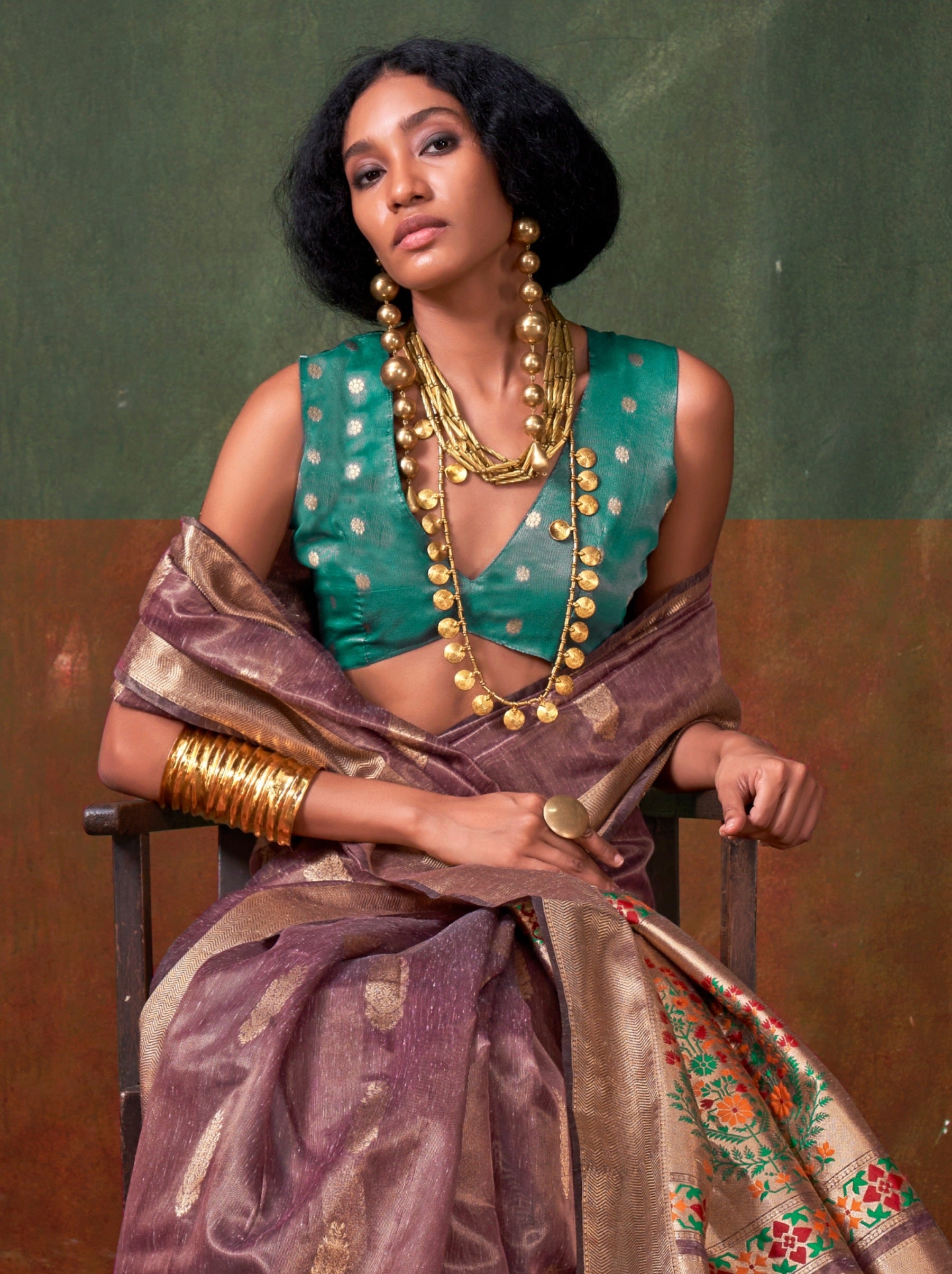 Plum Violet Paithani Zari Tissue Silk Party Saree - TrendOye