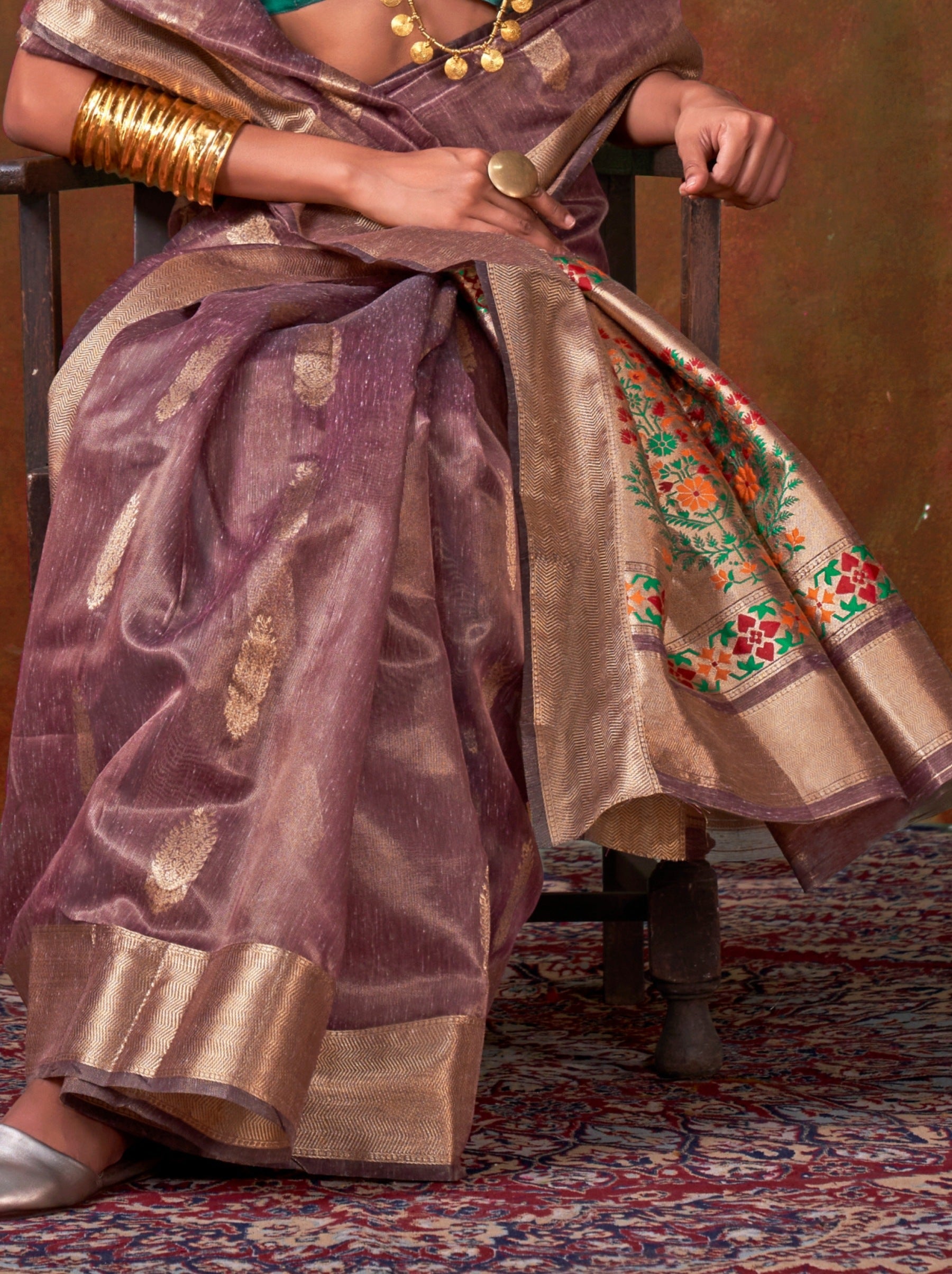 Plum Violet Paithani Zari Tissue Silk Party Saree - TrendOye