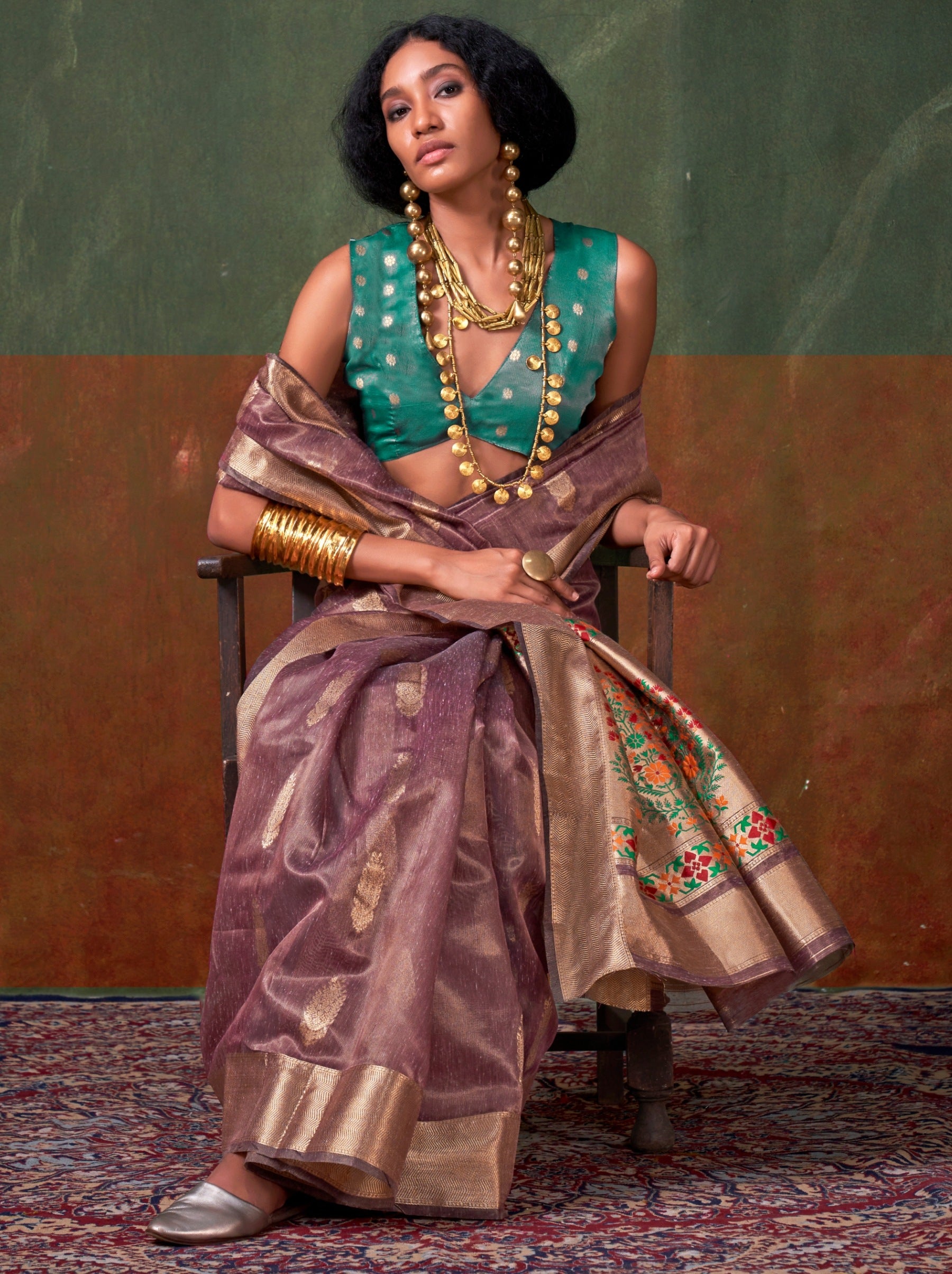 Plum Violet Paithani Zari Tissue Silk Party Saree - TrendOye