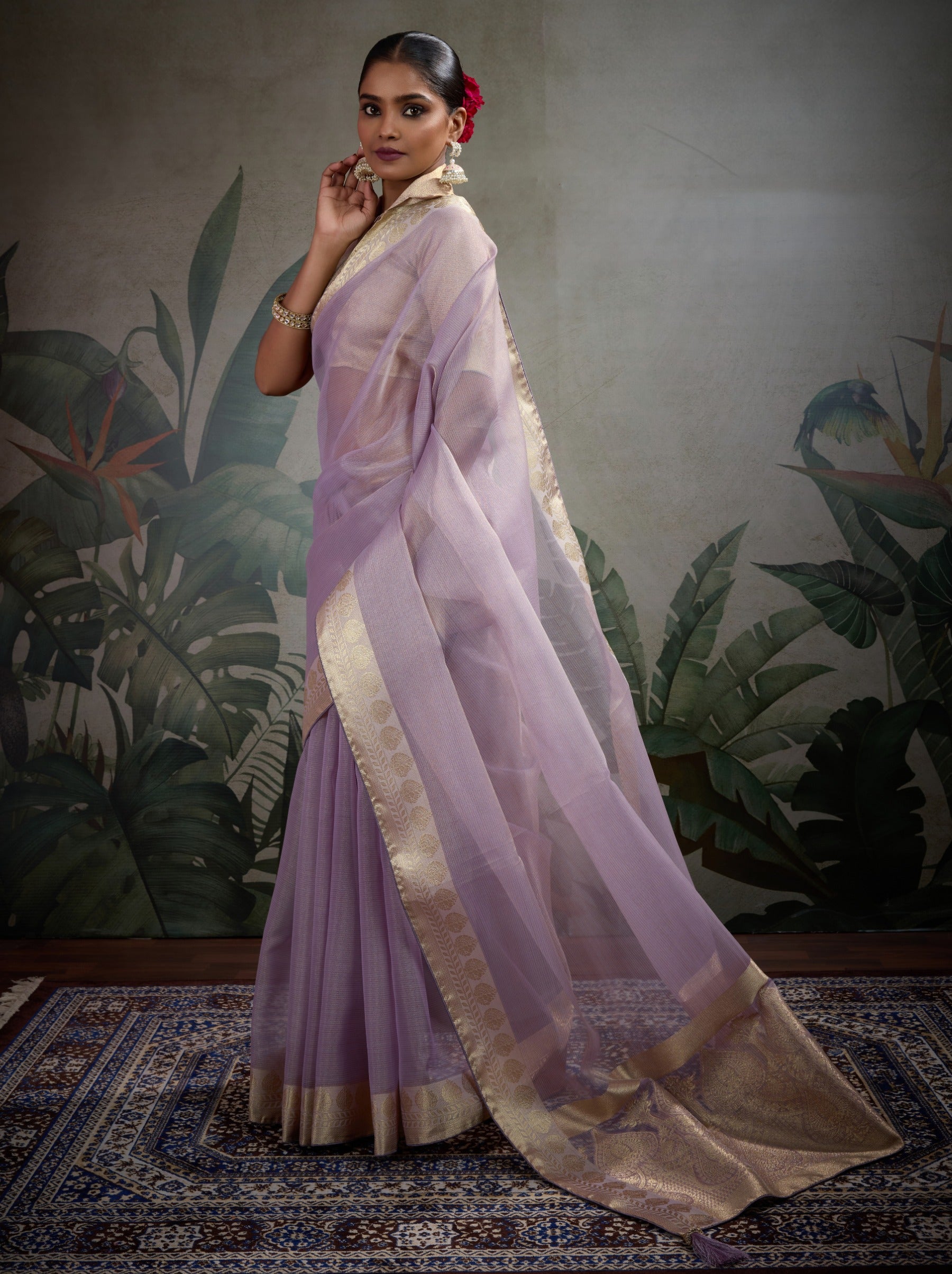 Lavender Purple Fancy Tissue Silk Saree With Blouse Piece - TrendOye
