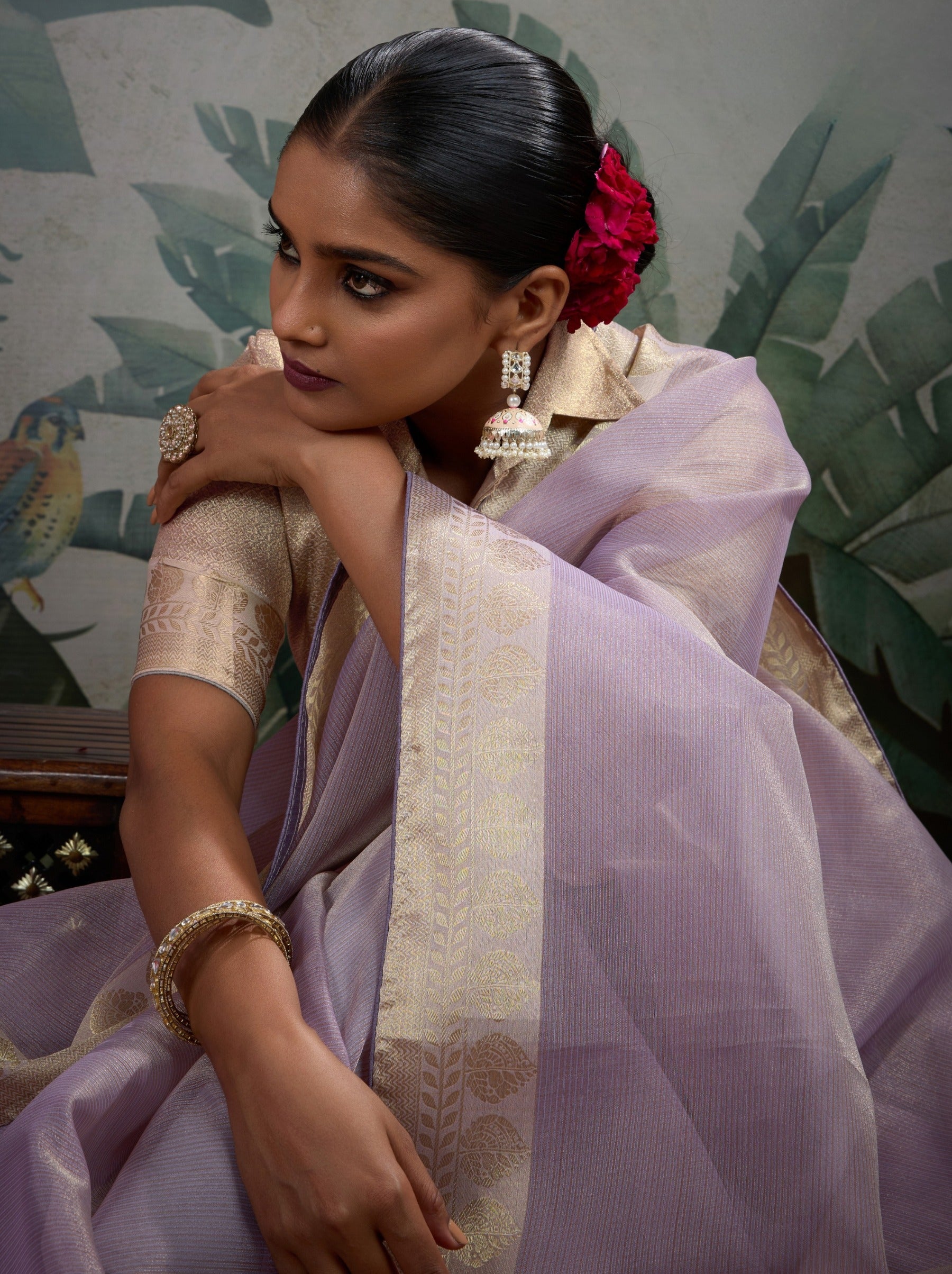 Lavender Purple Fancy Tissue Silk Saree With Blouse Piece - TrendOye