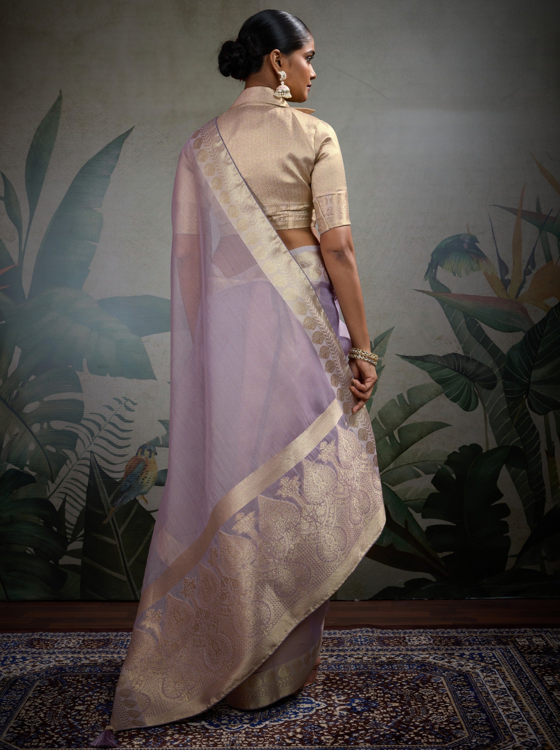 Lavender Purple Fancy Tissue Silk Saree With Blouse Piece - TrendOye