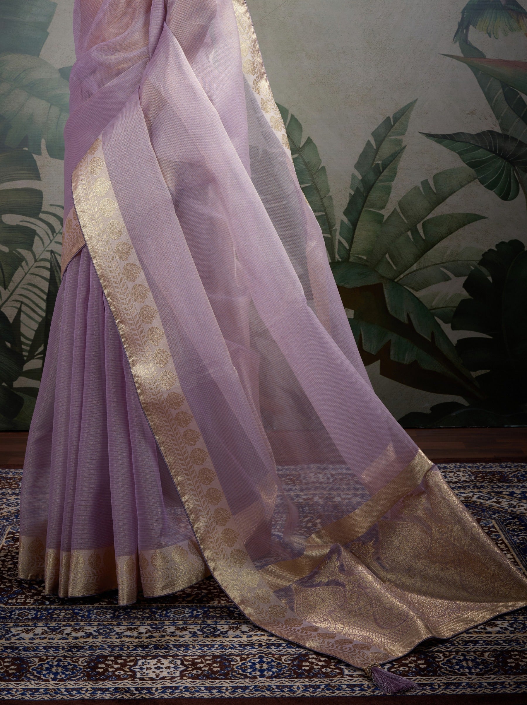 Lavender Purple Fancy Tissue Silk Saree With Blouse Piece - TrendOye