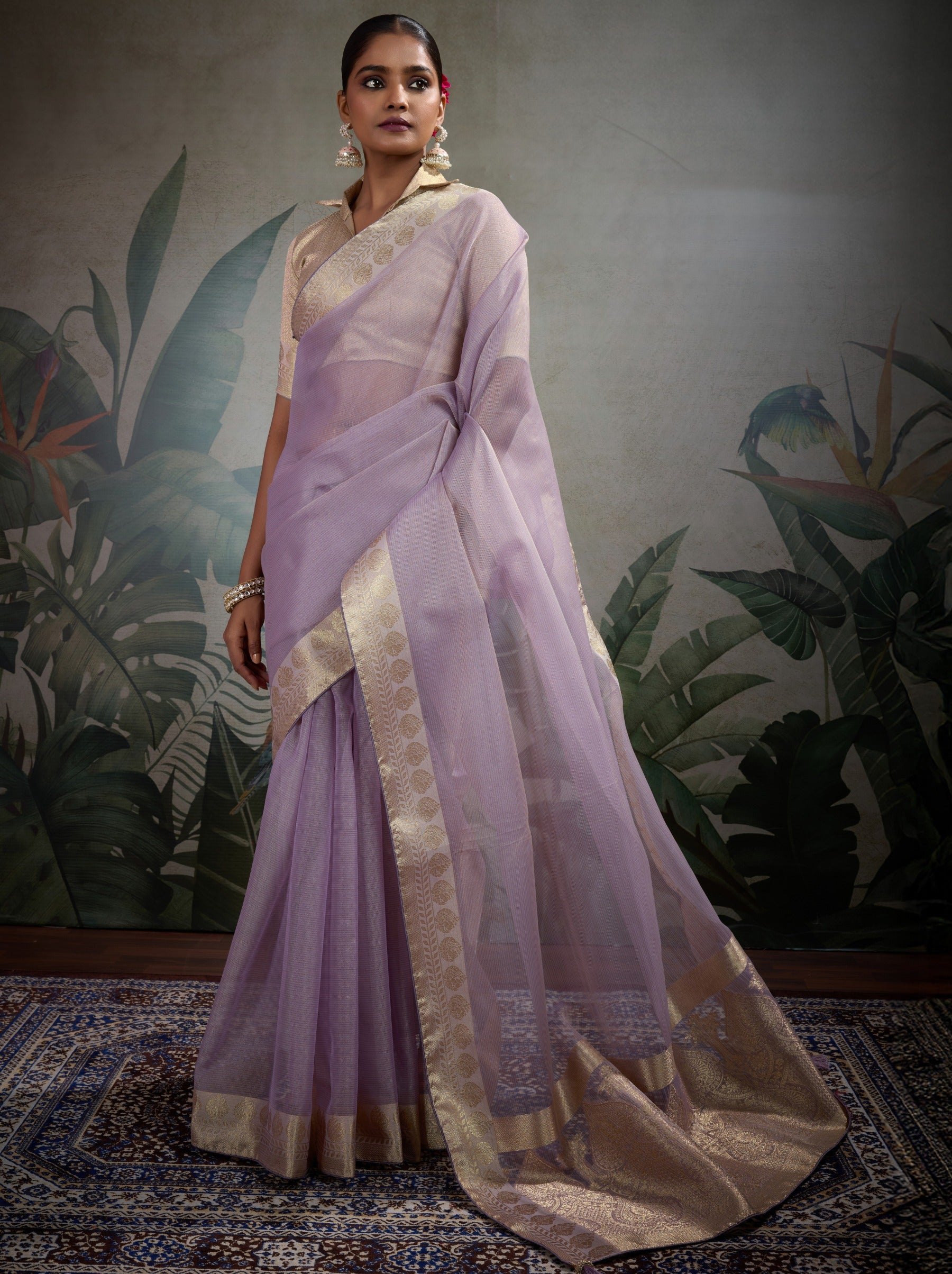 Lavender Purple Fancy Tissue Silk Saree With Blouse Piece - TrendOye