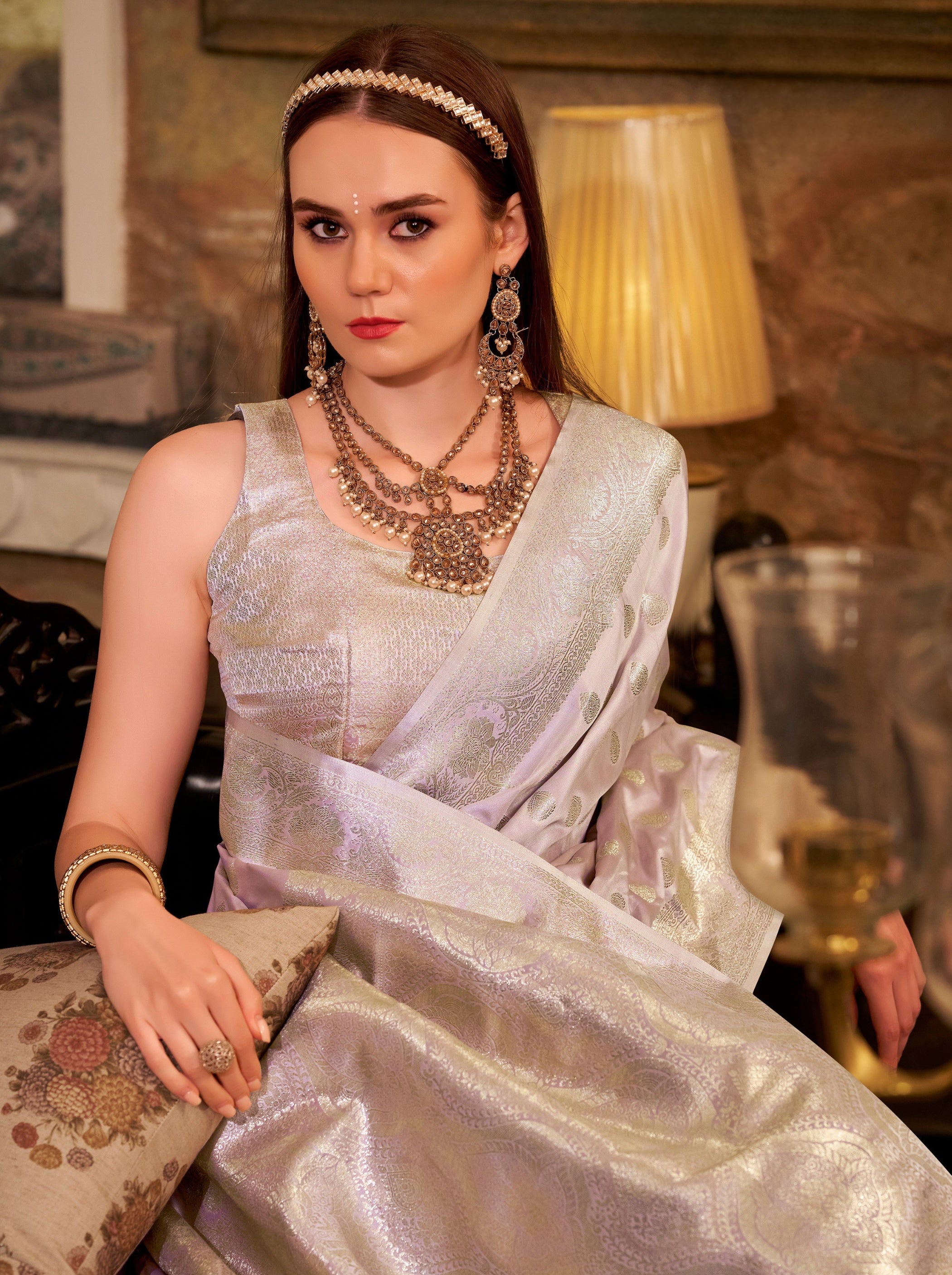 Lavender Purple Pastel Soft Satin Silk Saree With Zari Work - TrendOye