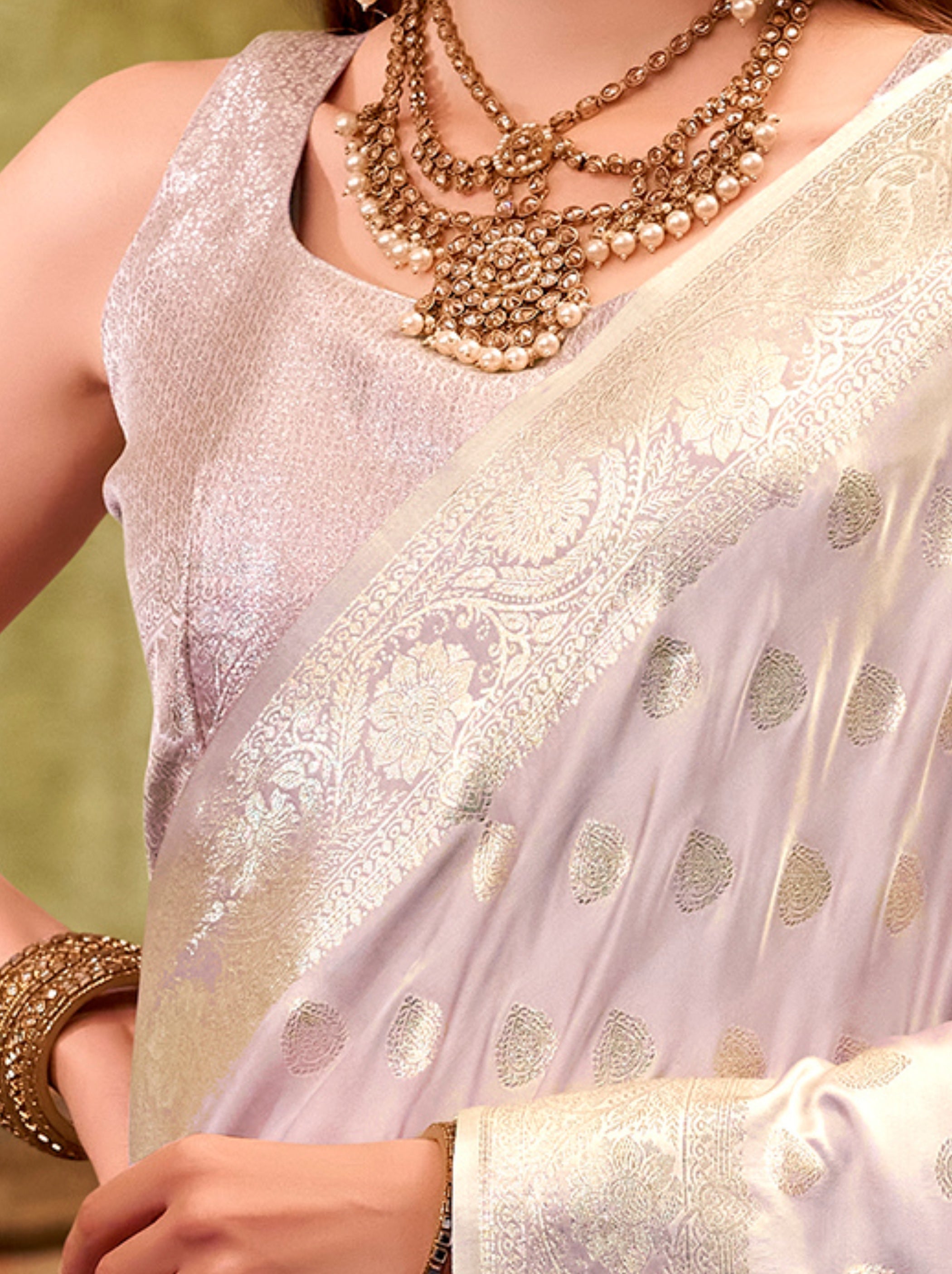 Lavender Purple Pastel Soft Satin Silk Saree With Zari Work - TrendOye