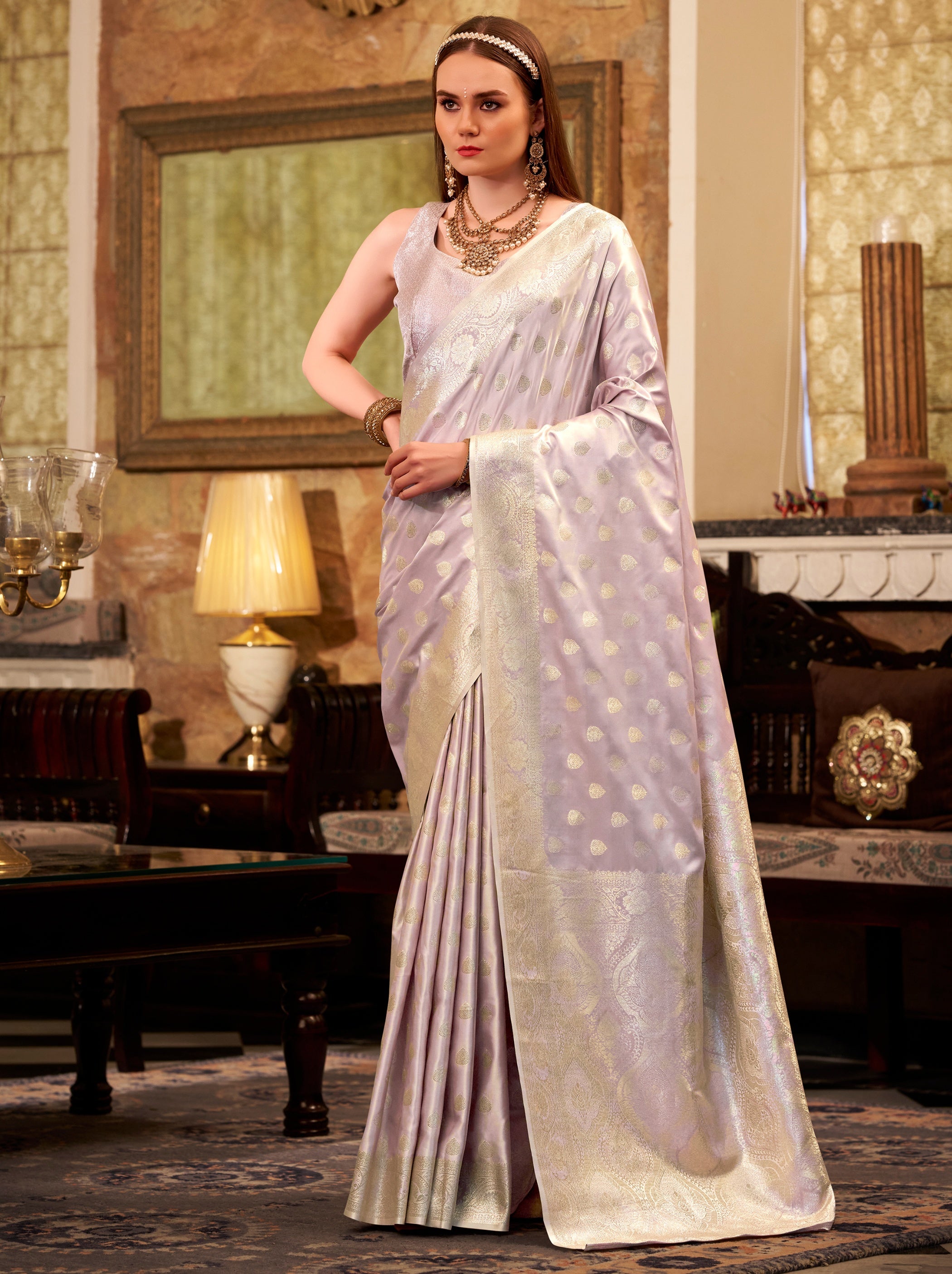 Lavender Purple Pastel Soft Satin Silk Saree With Zari Work - TrendOye