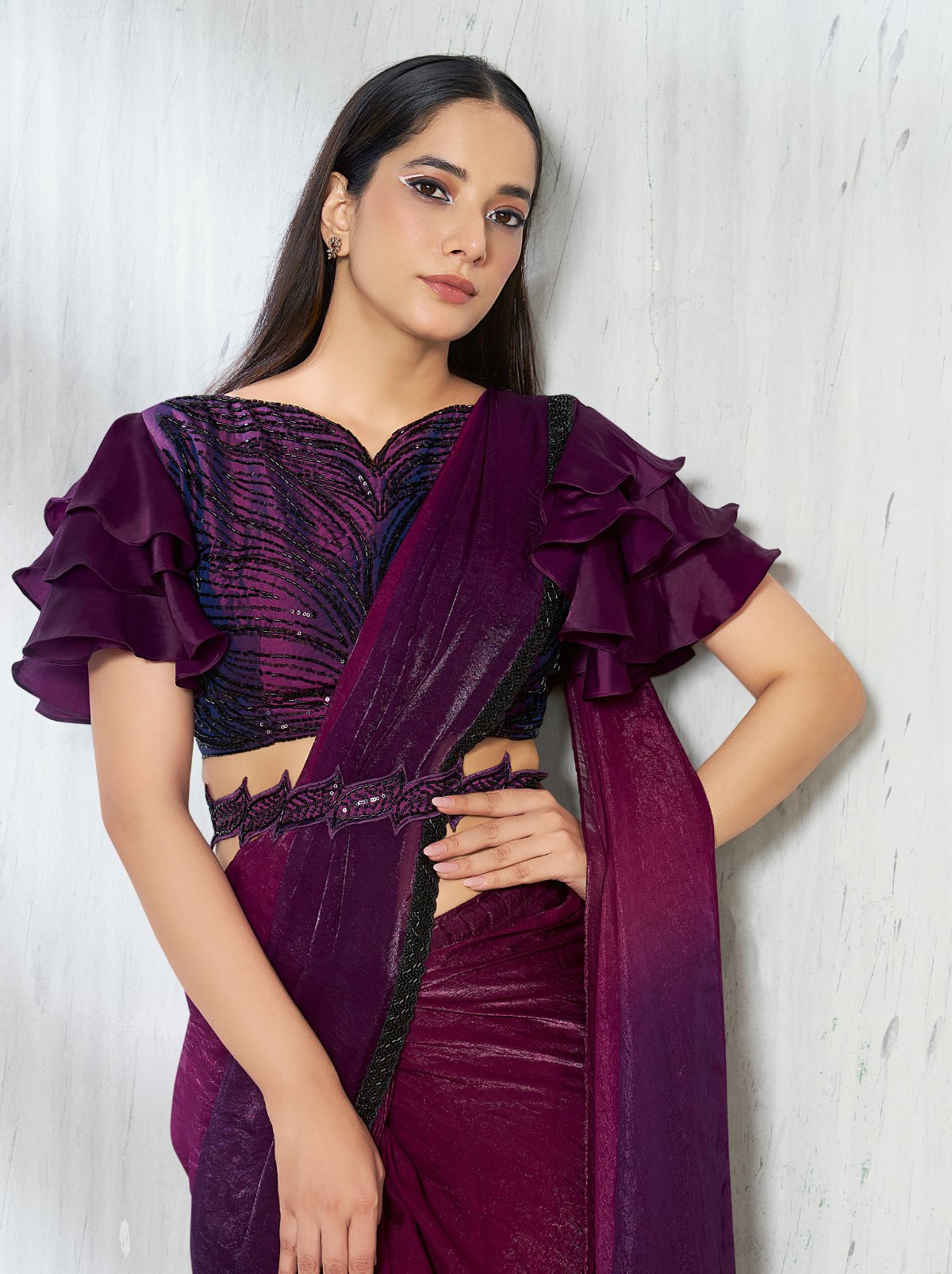 Purple-Pink Dual Tone Ready To Wear Satin Saree With Trendy Blouse