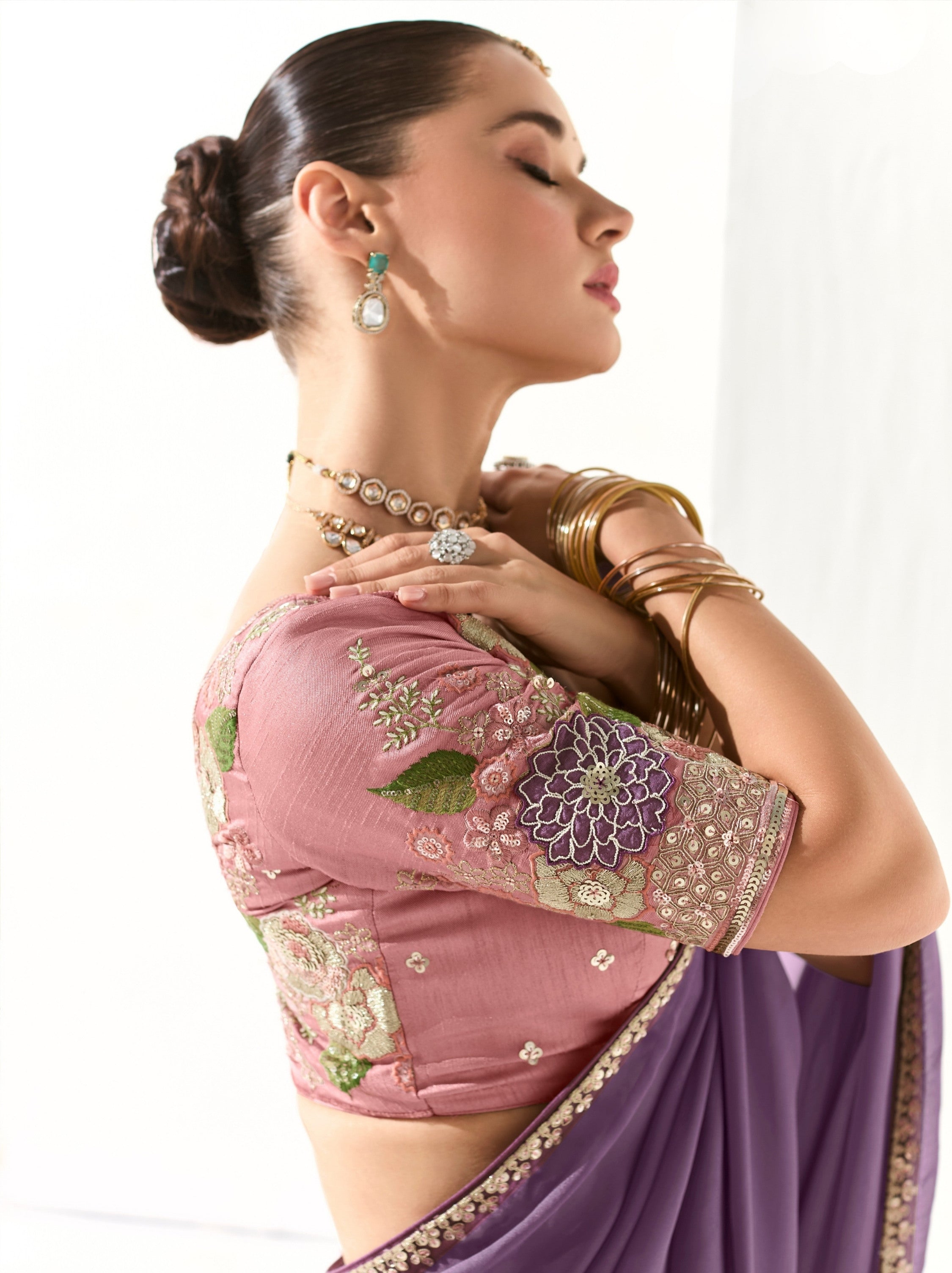 Royal Violet Organza Tissue Fancy Designer Saree With Blouse Piece - TrendOye