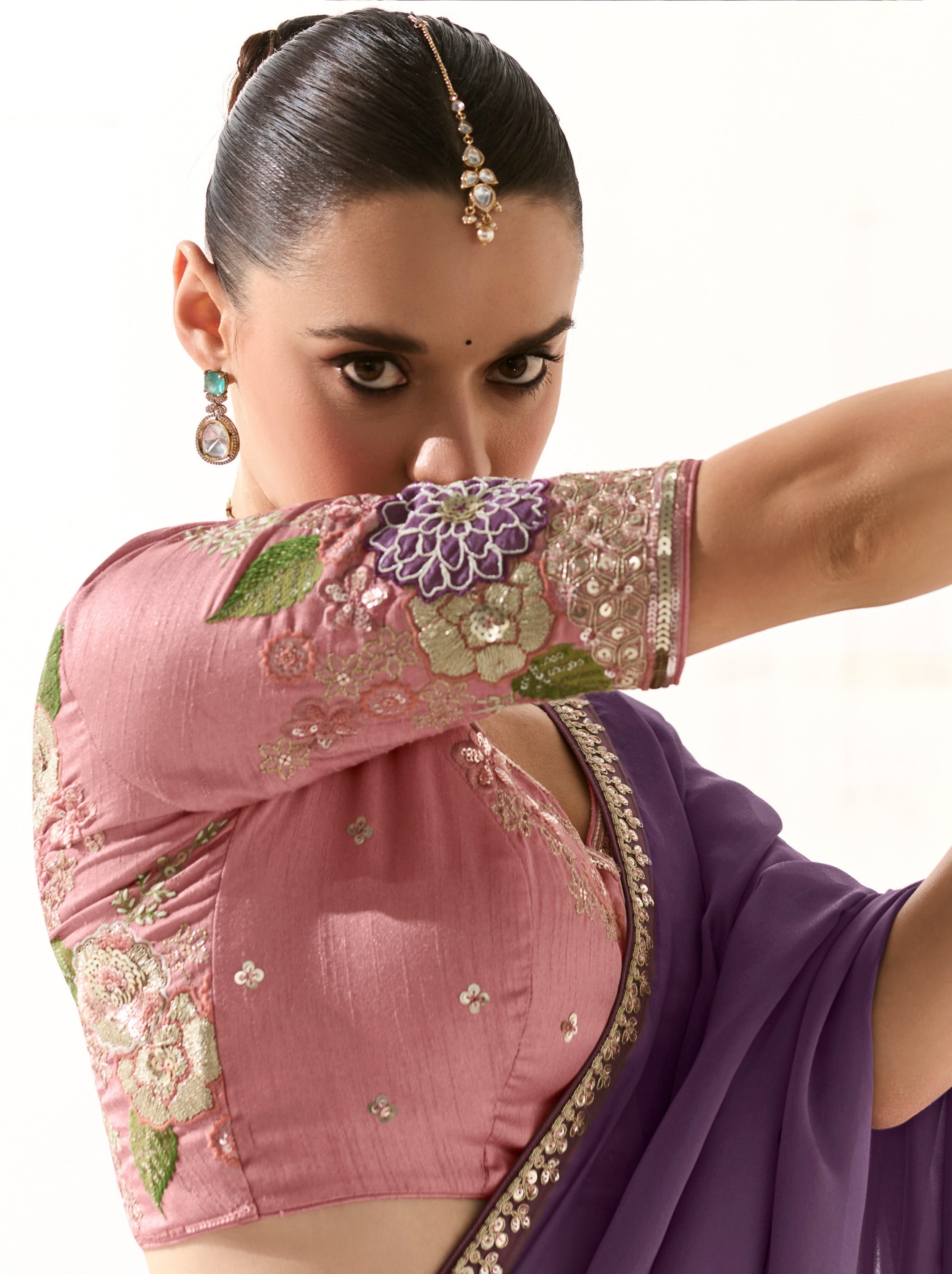 Royal Violet Organza Tissue Fancy Designer Saree With Blouse Piece - TrendOye