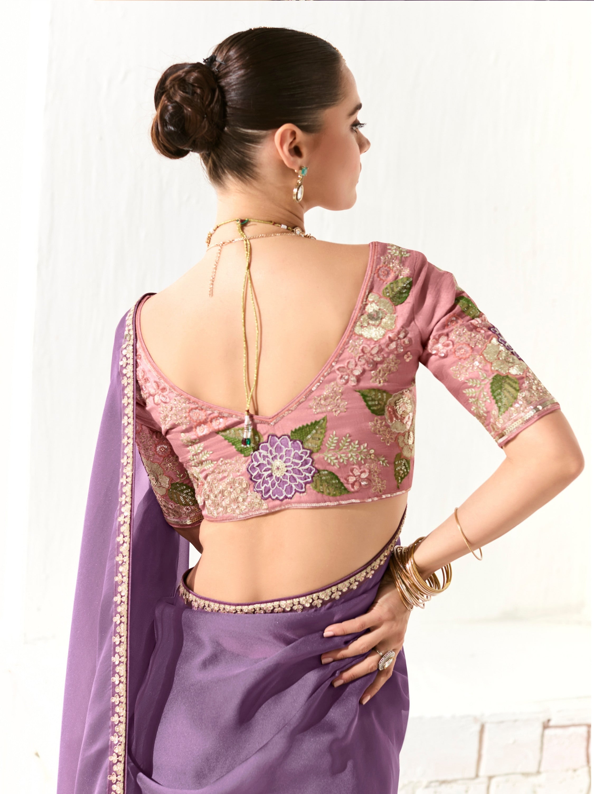 Royal Violet Organza Tissue Fancy Designer Saree With Blouse Piece - TrendOye