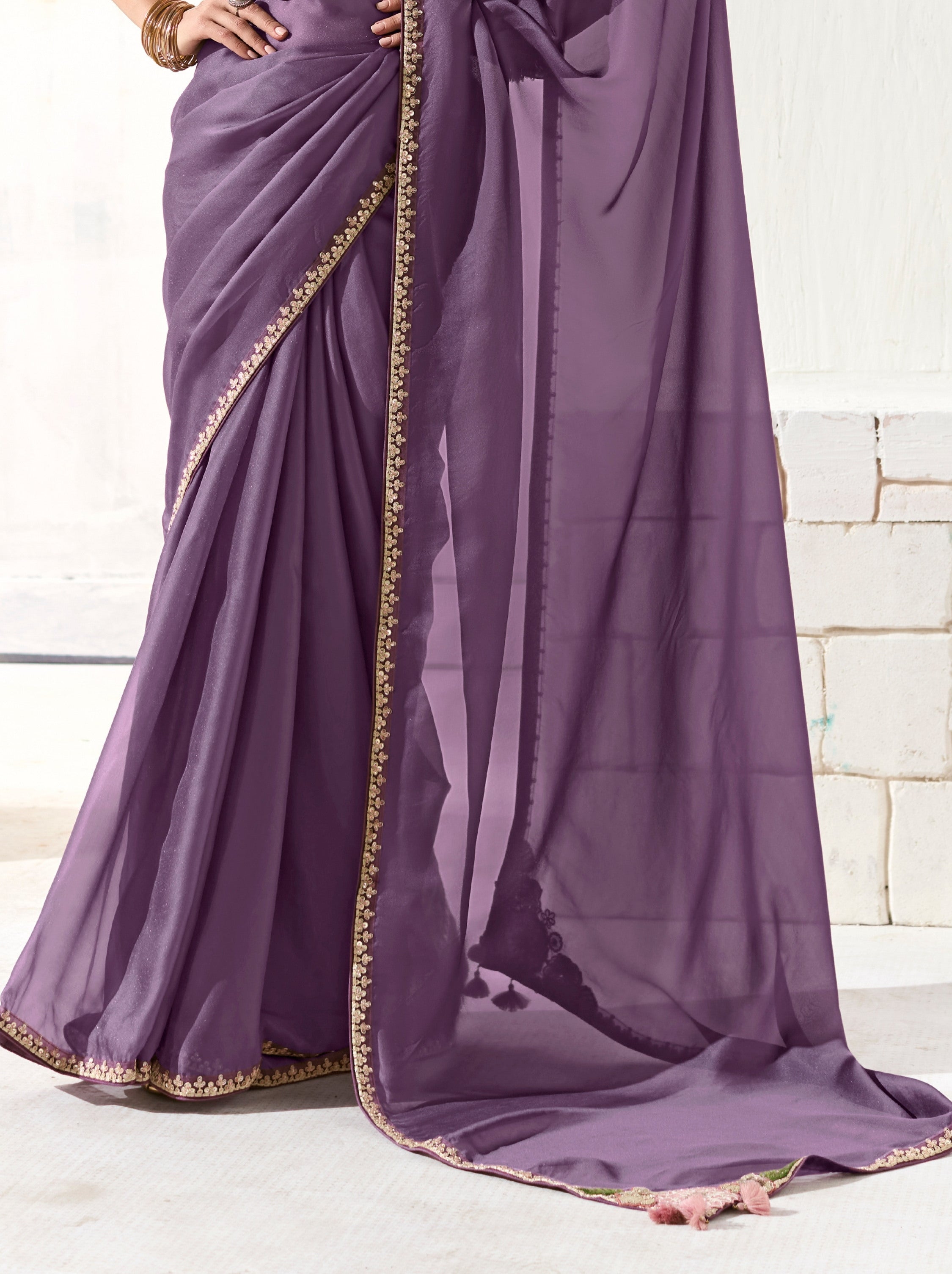 Royal Violet Organza Tissue Fancy Designer Saree With Blouse Piece - TrendOye