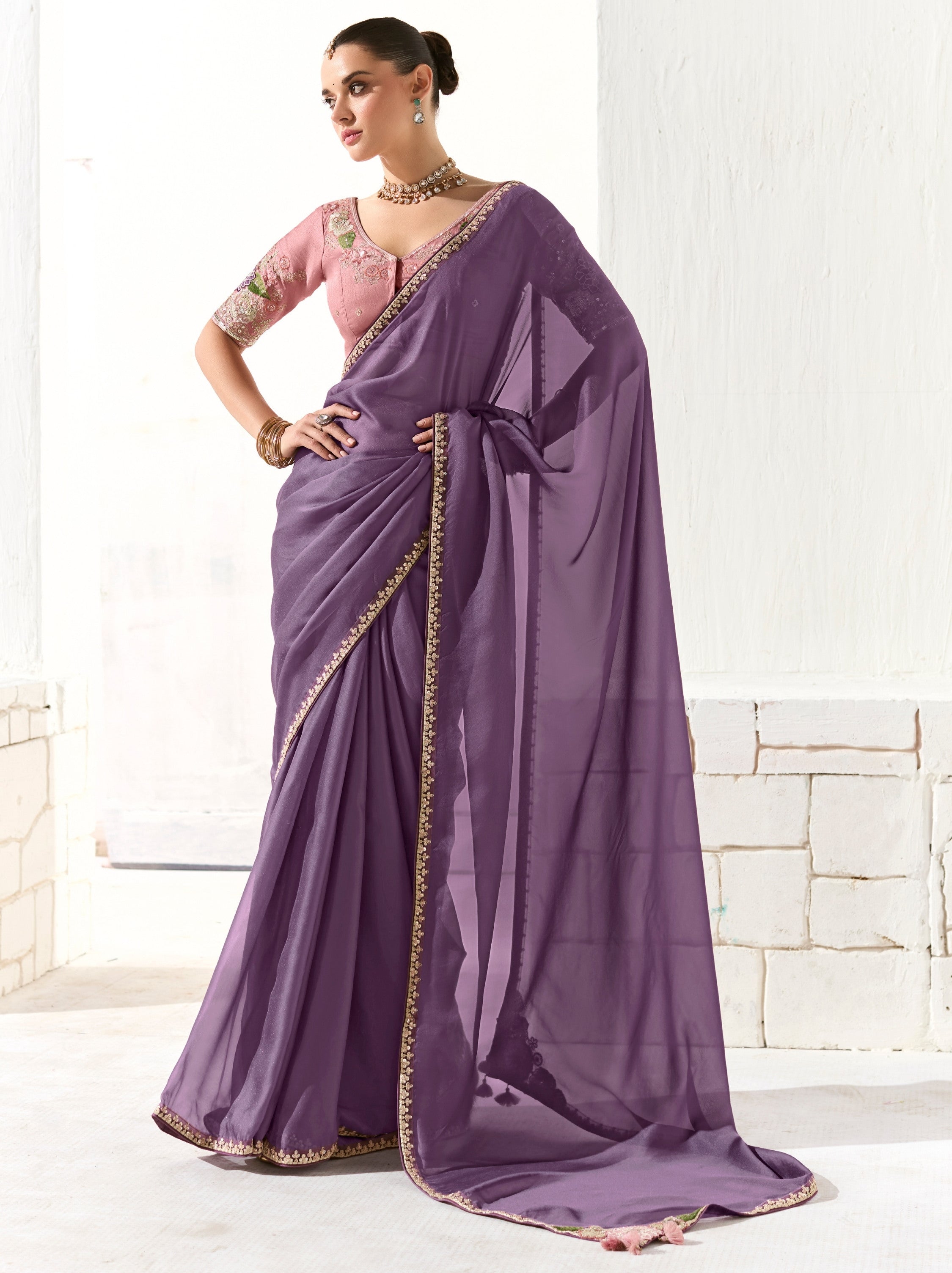 Royal Violet Organza Tissue Fancy Designer Saree With Blouse Piece - TrendOye