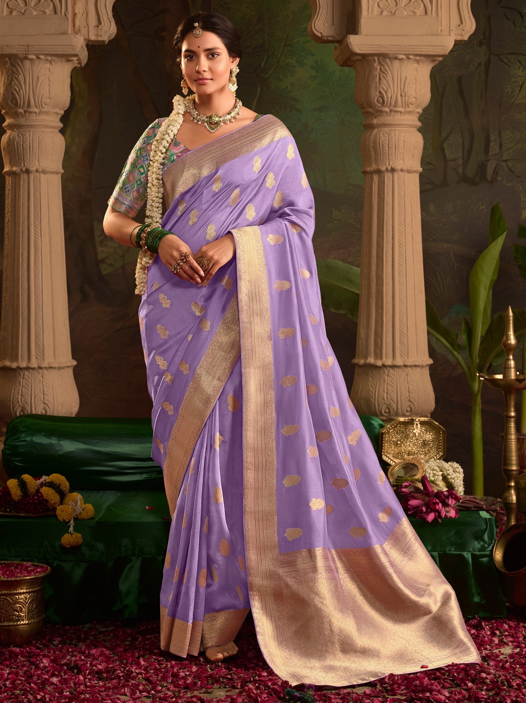 Floral Violet Wedding And Party Designer Saree - TrendOye