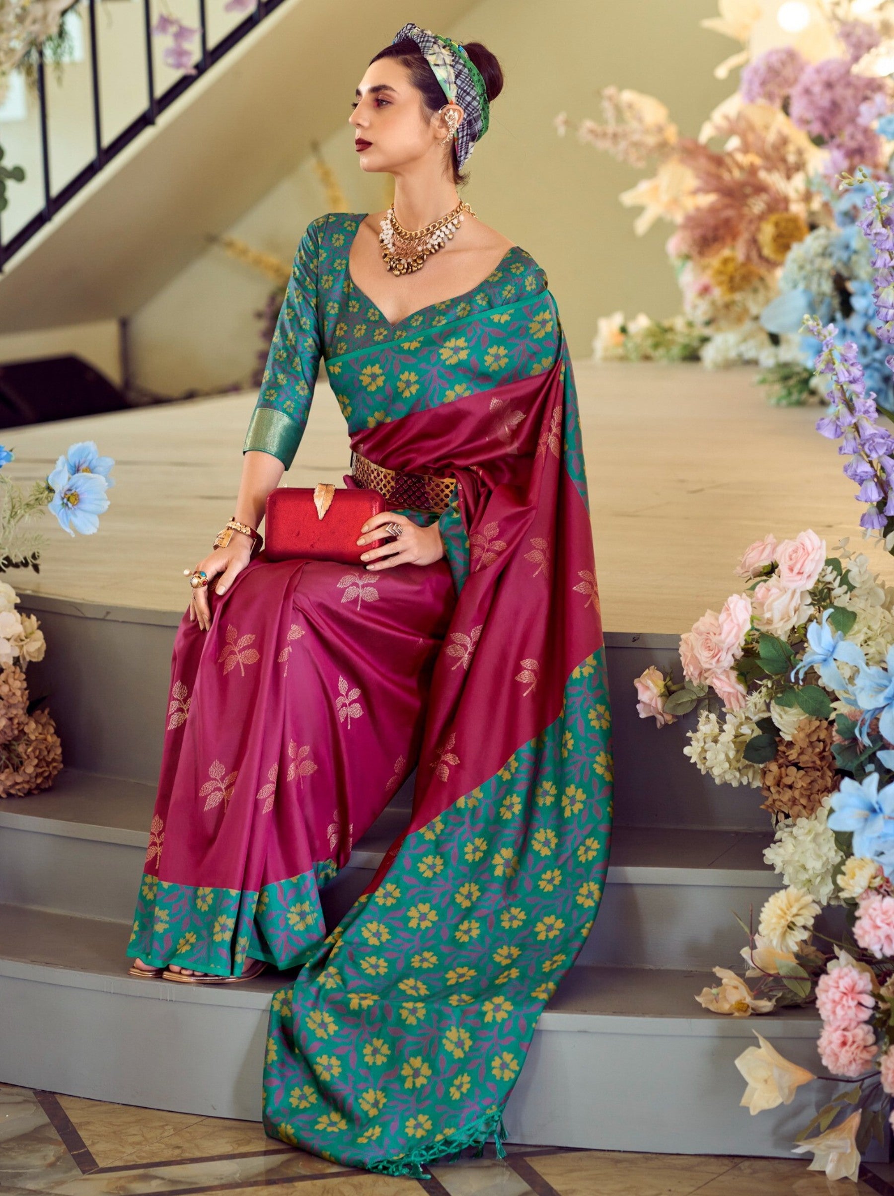 Hibiscus Purple Party Premium Saree - TrendOye