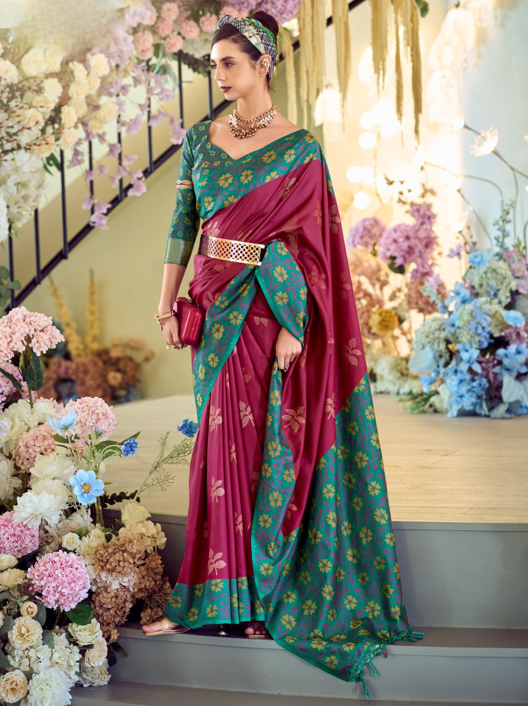 Hibiscus Purple Party Premium Saree - TrendOye