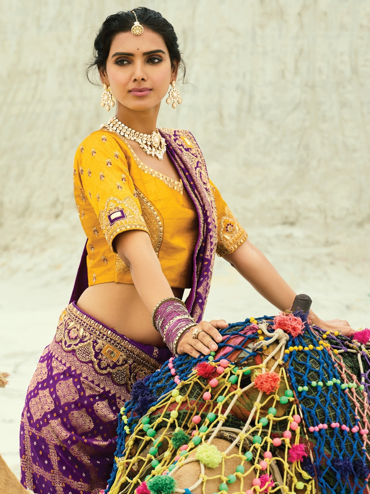 Lollipop Violet Premium Georgette Wedding Saree With Bandhej Work
