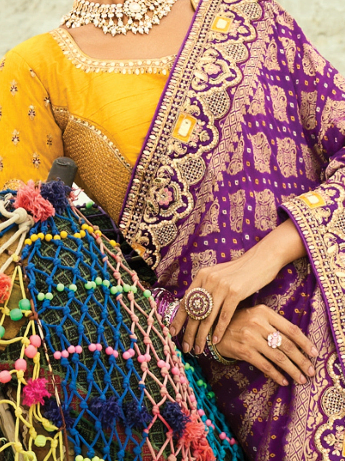 Lollipop Violet Premium Georgette Wedding Saree With Bandhej Work