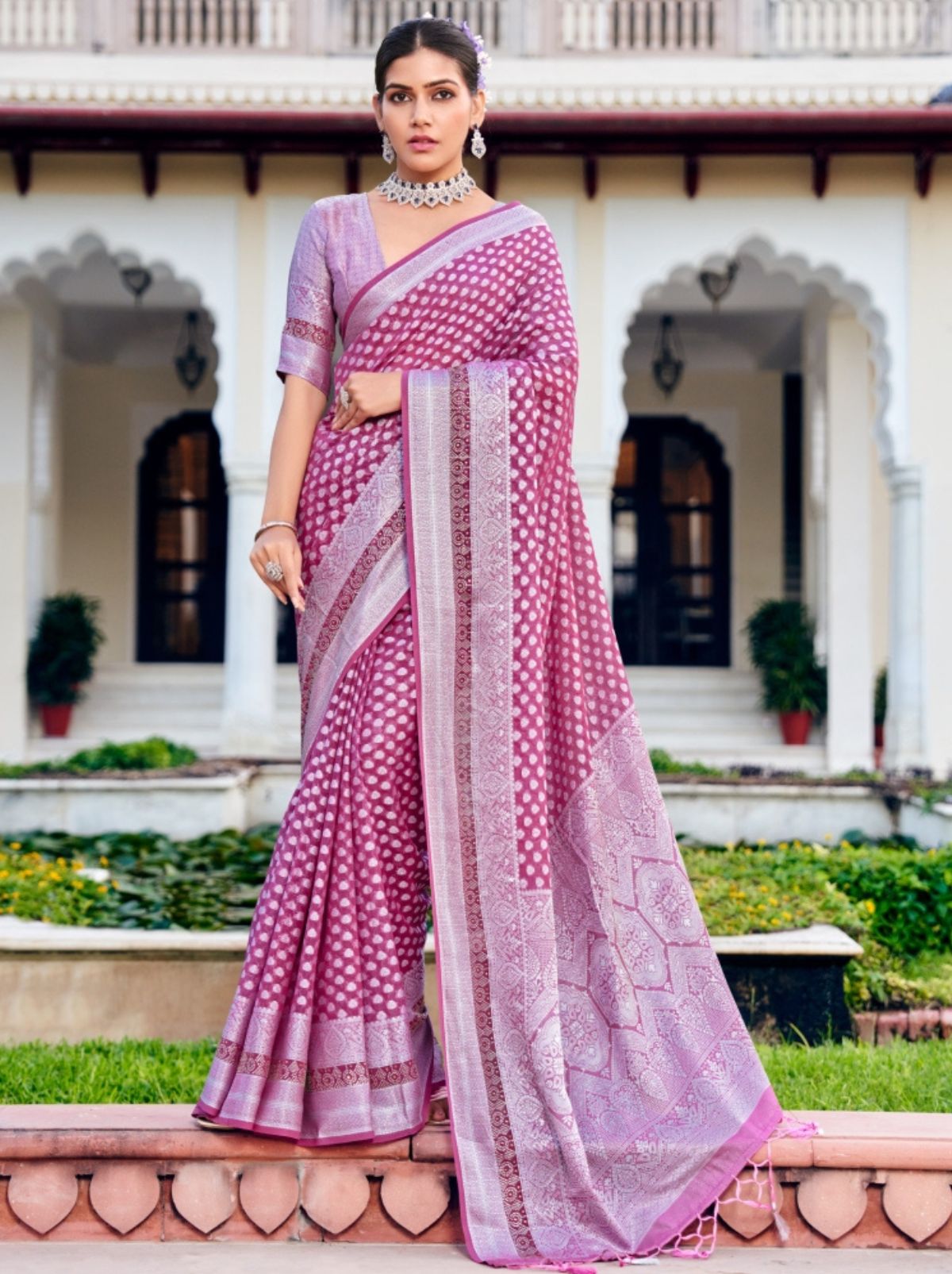 Fandango Purple Premium Georgette Saree With Weaved Motifs