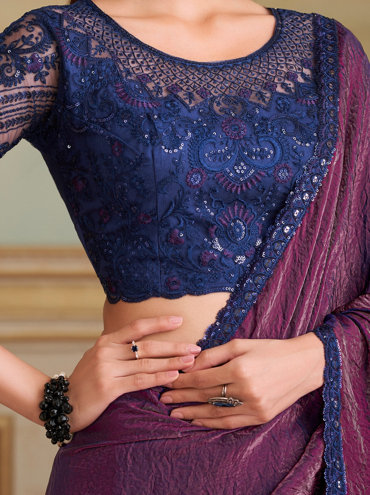 Byzantine Violet Premium Georgette Silk Saree For Wedding & Parties