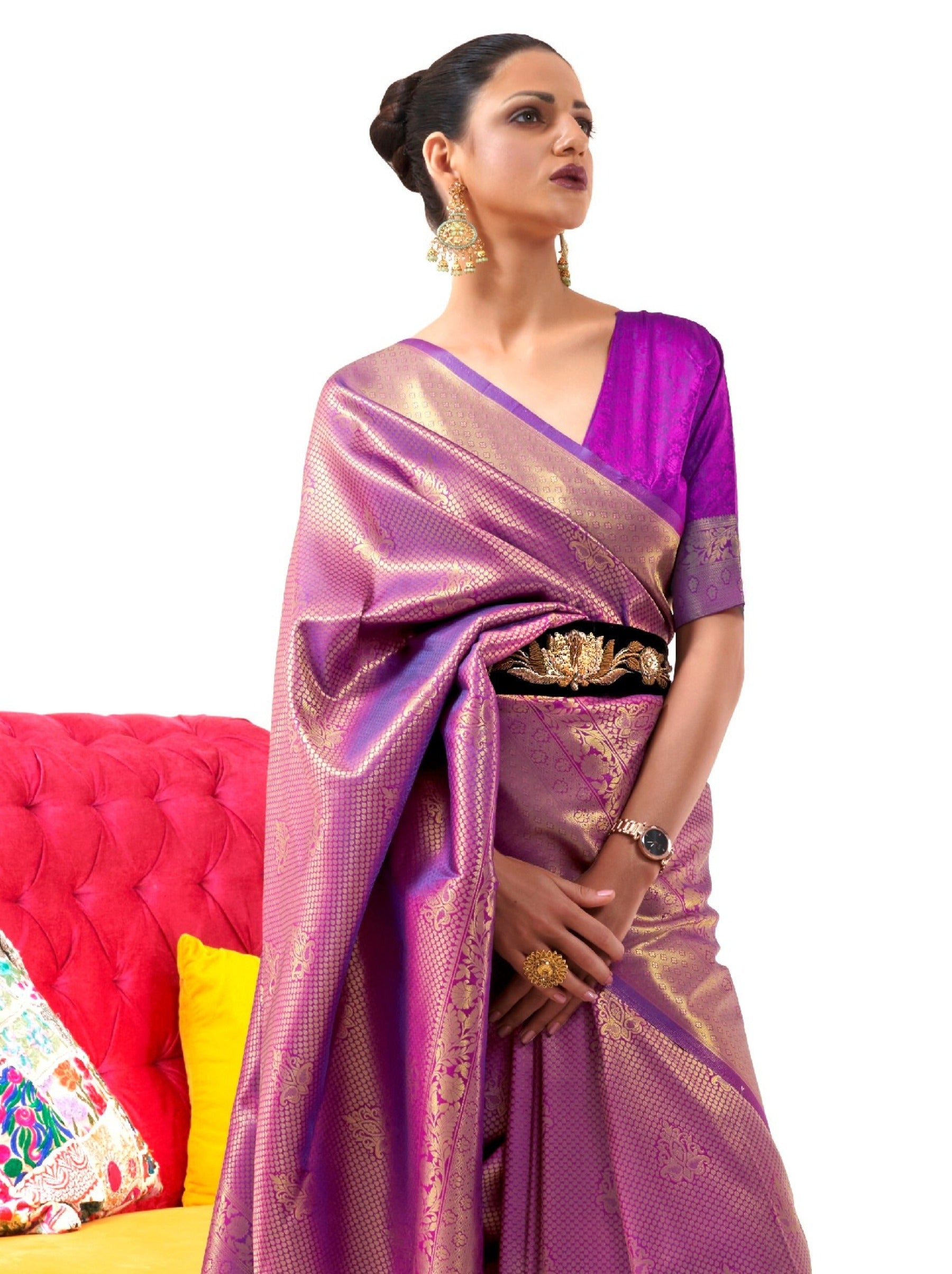 Fandango Violet Premium Kanjeevaram Silk Wedding Saree - TrendOye