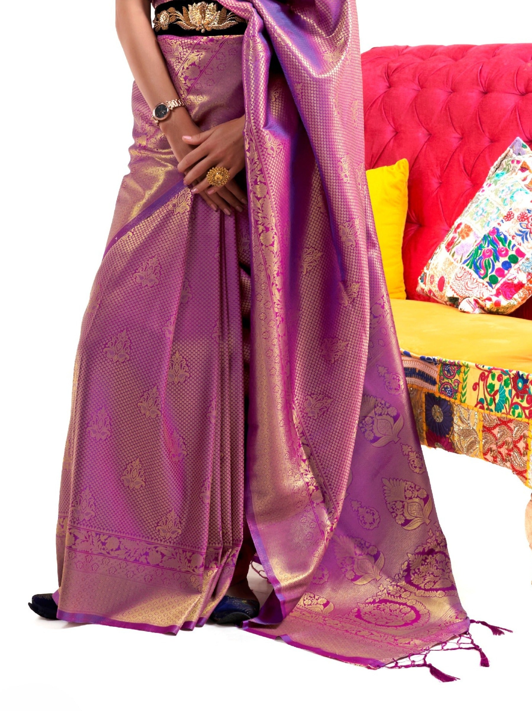 Fandango Violet Premium Kanjeevaram Silk Wedding Saree - TrendOye