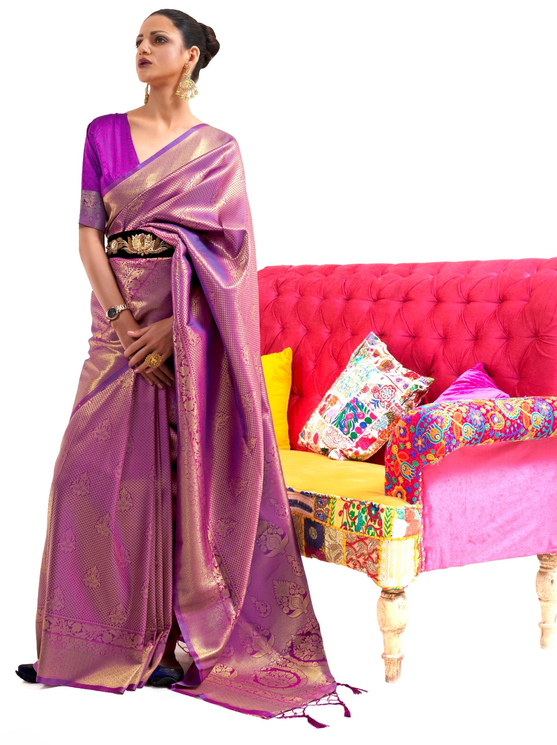 Fandango Violet Premium Kanjeevaram Silk Wedding Saree - TrendOye