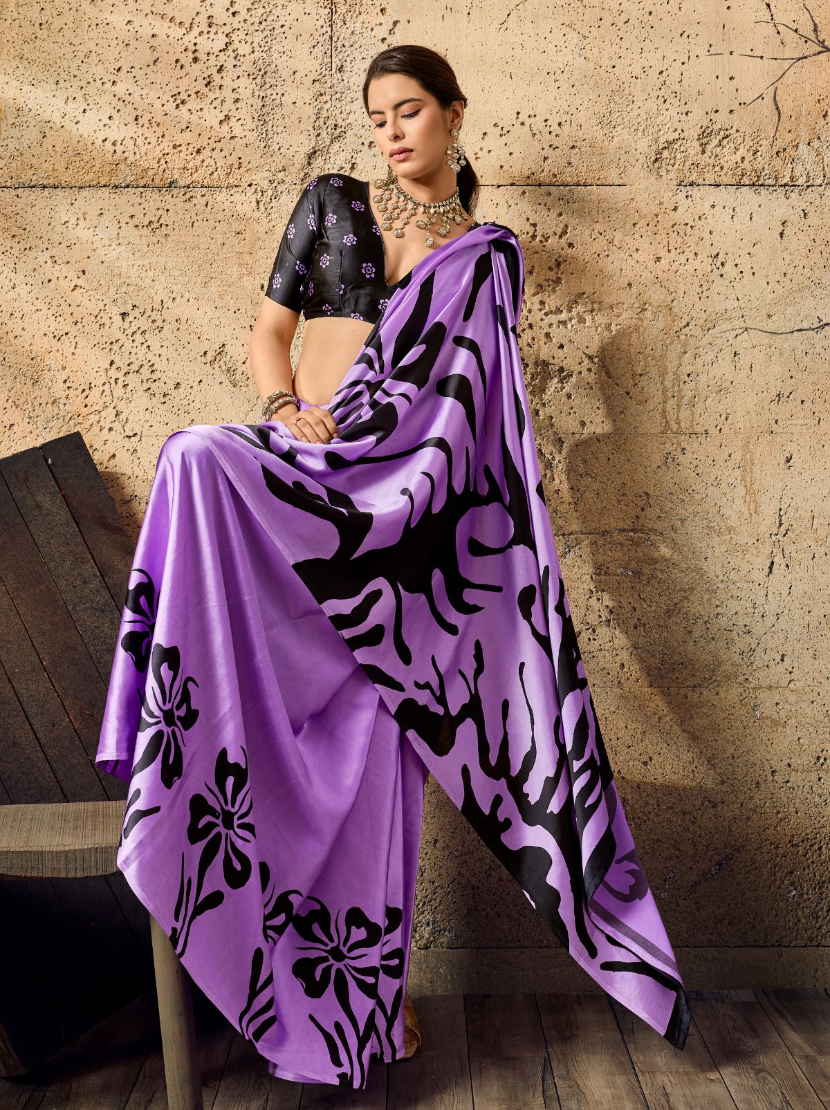 Orchid Purple Premium Modal Satin Silk Saree With Blouse Piece