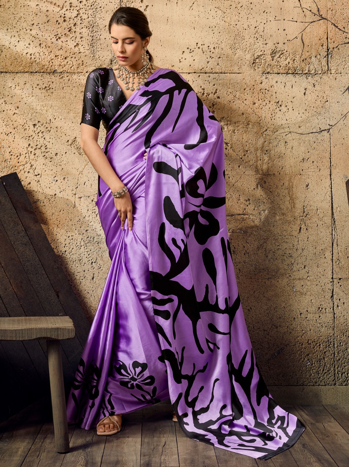 Orchid Purple Premium Modal Satin Silk Saree With Blouse Piece