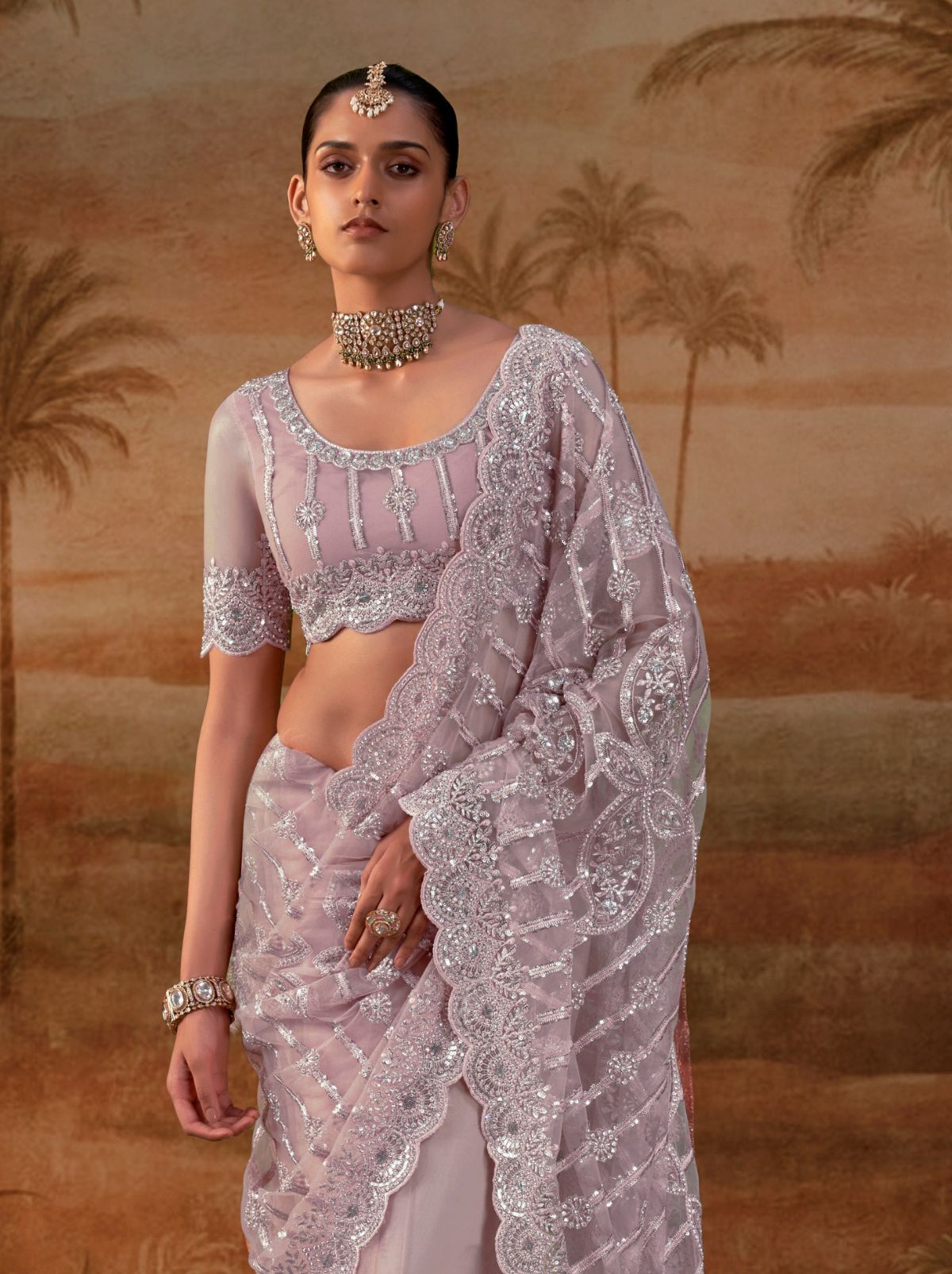 Pastel Purple Premium Net Saree with Heavy Embroidery & Zarkan Work