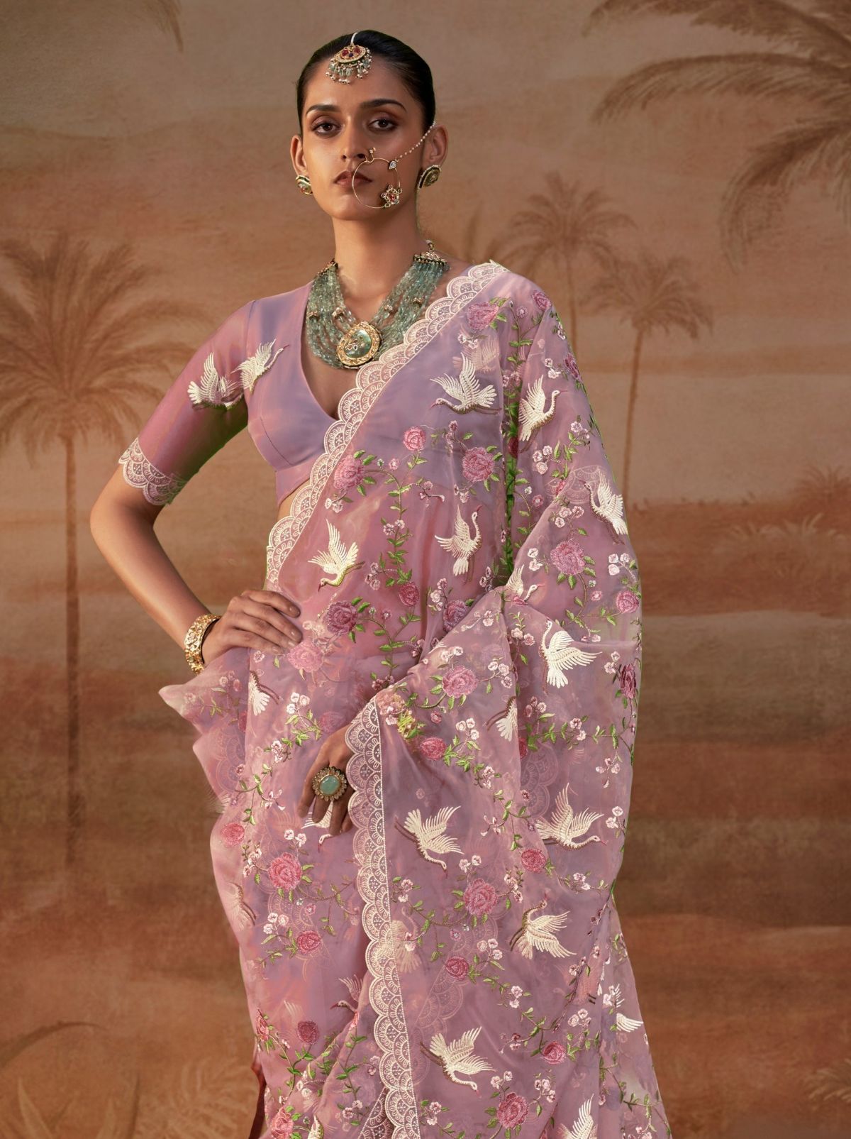 Pastel Purple Premium Organza Silk Saree with Floral Embroidery