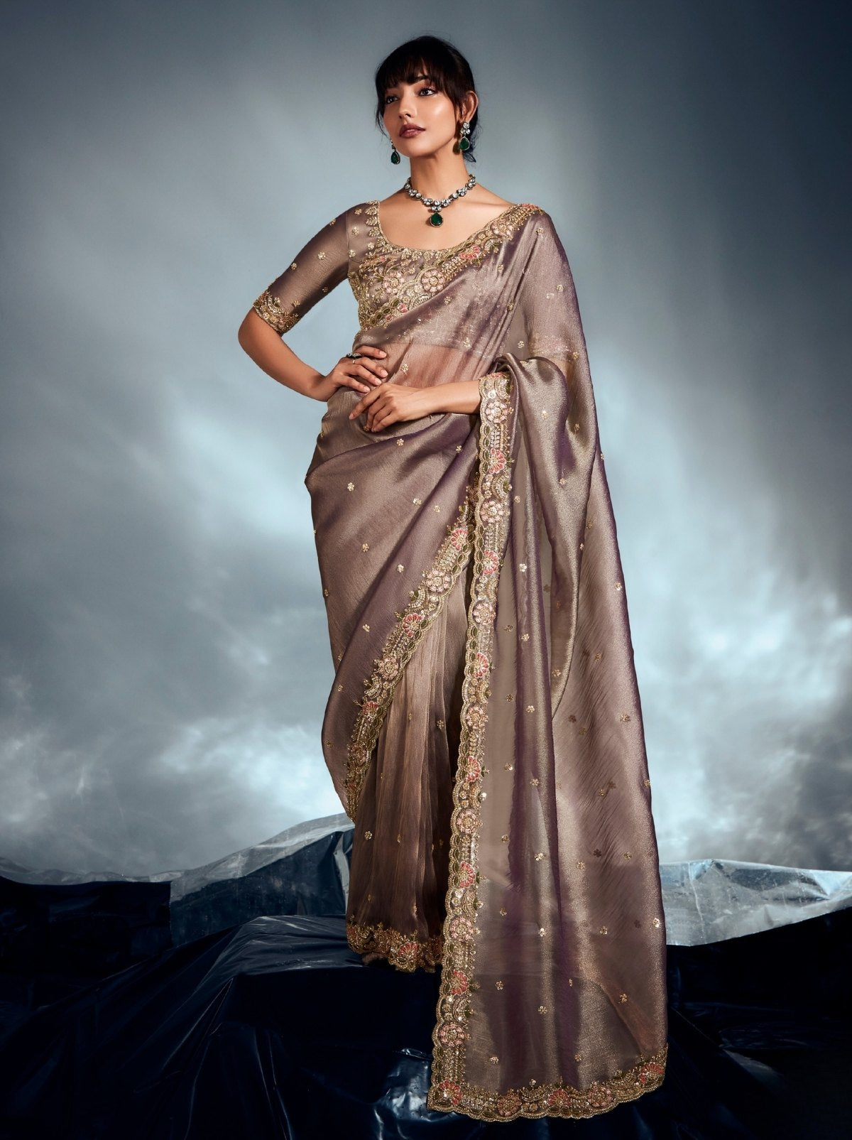 Heather Purple Tissue Organza Wedding Saree With Blouse Piece