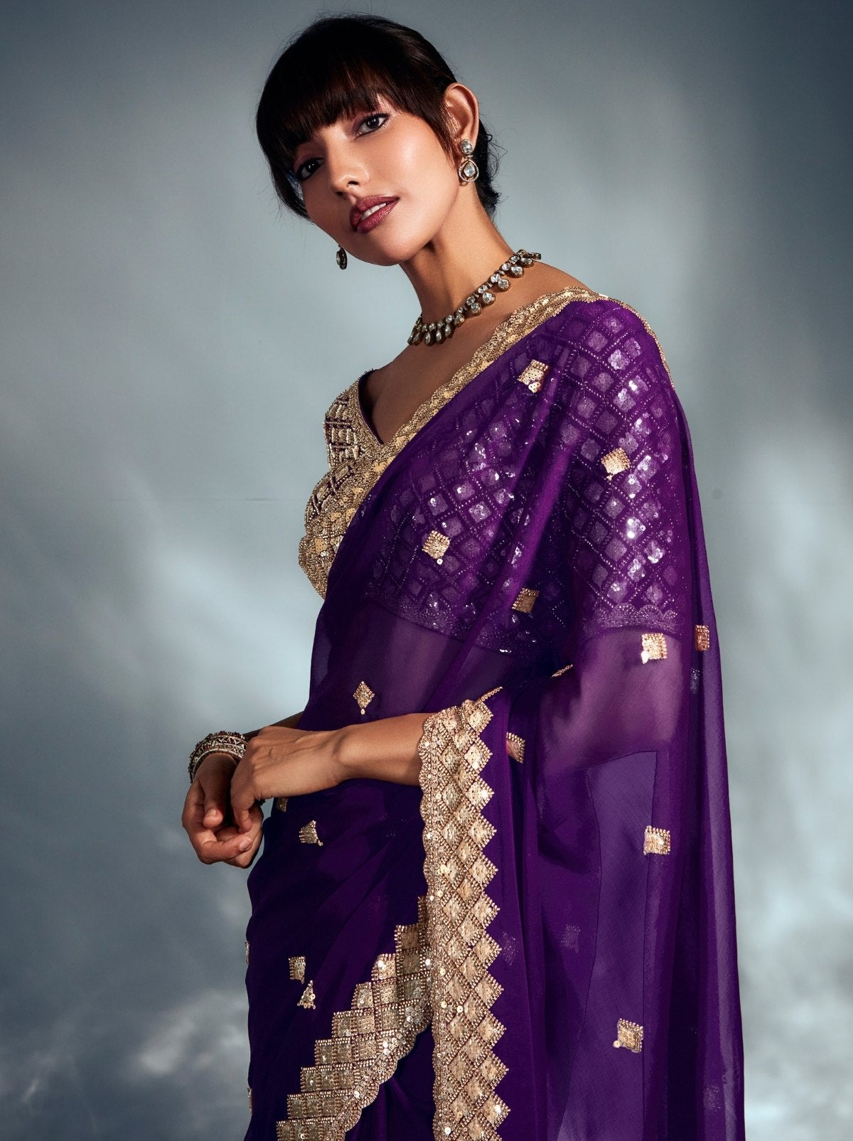 Indigo Purple Tissue Organza Wedding Saree With Blouse Piece