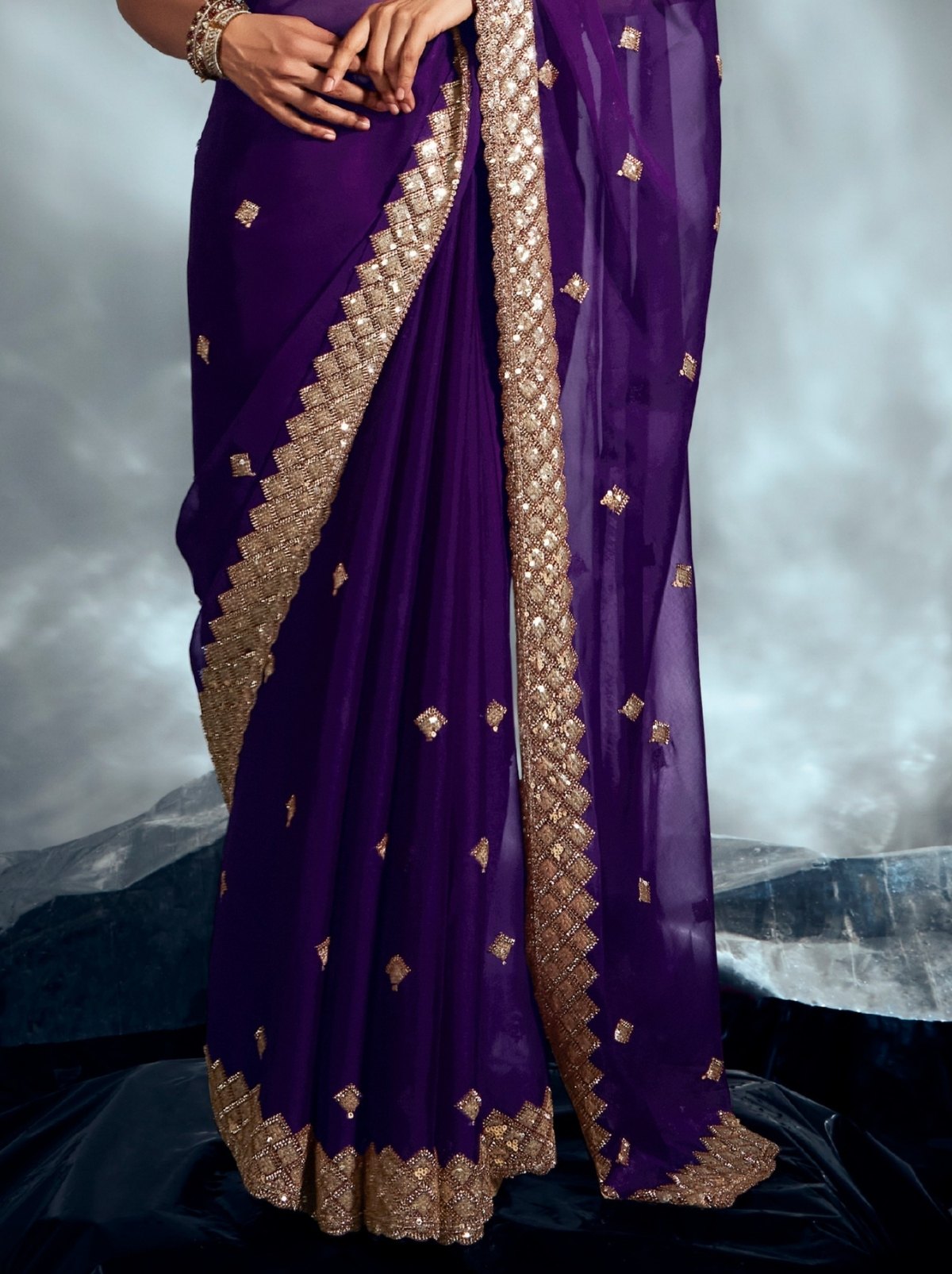 Indigo Purple Tissue Organza Wedding Saree With Blouse Piece