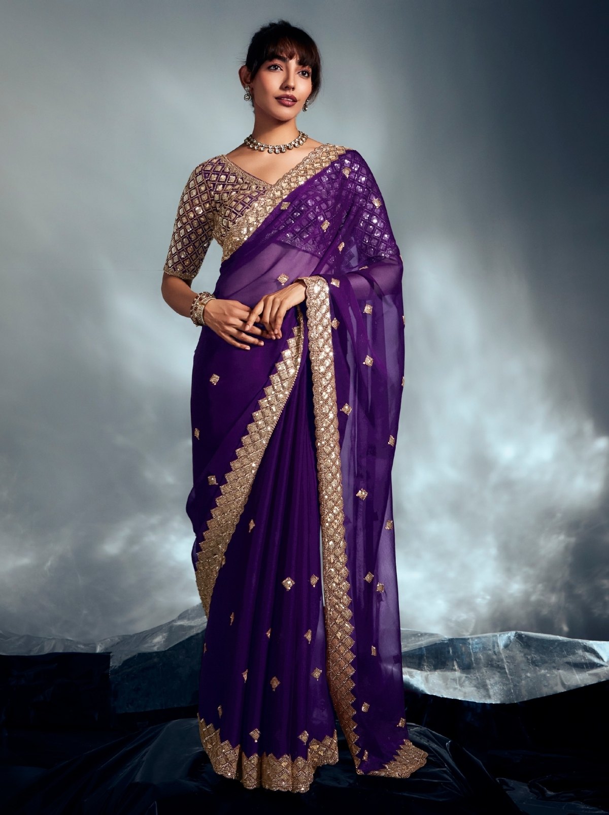 Indigo Purple Tissue Organza Wedding Saree With Blouse Piece