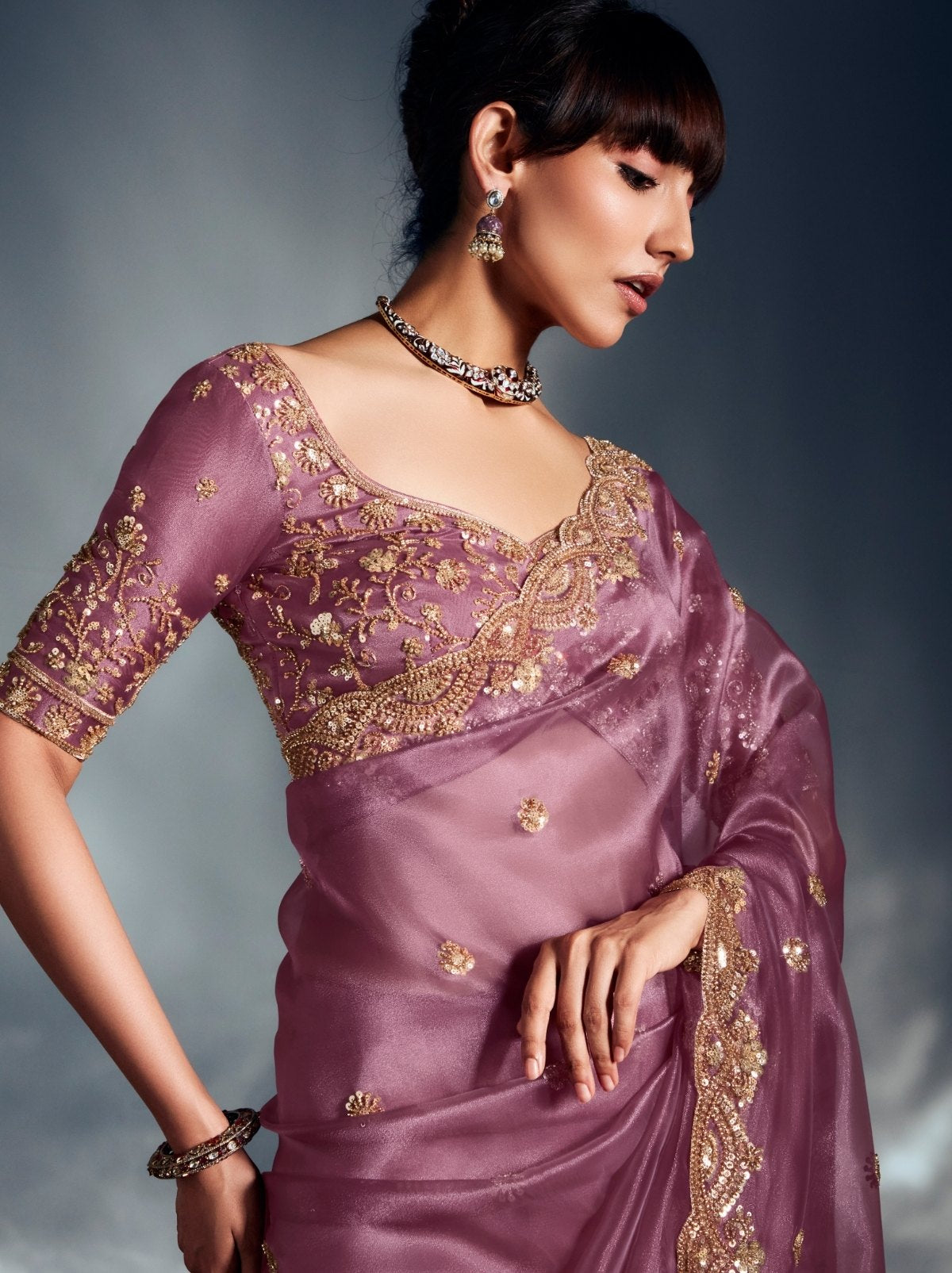 Lavender Purple Tissue Organza Wedding Saree With Blouse Piece