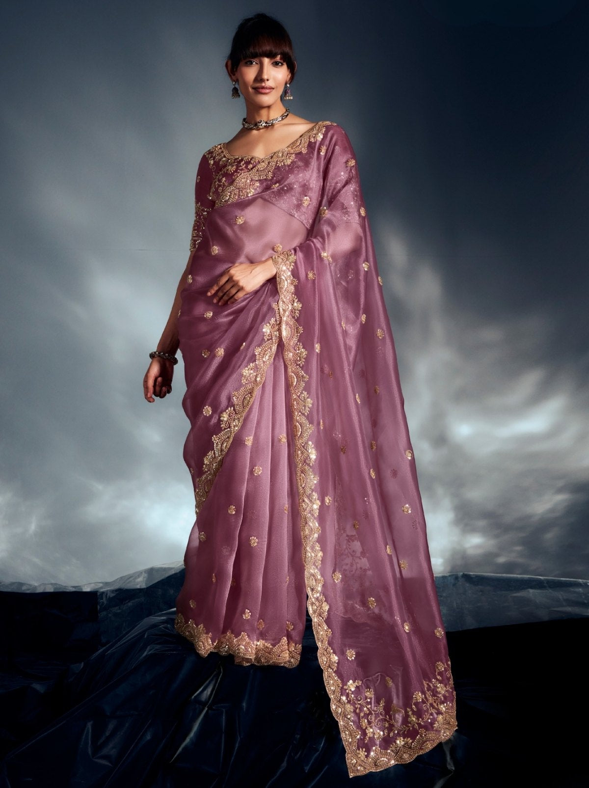 Lavender Purple Tissue Organza Wedding Saree With Blouse Piece