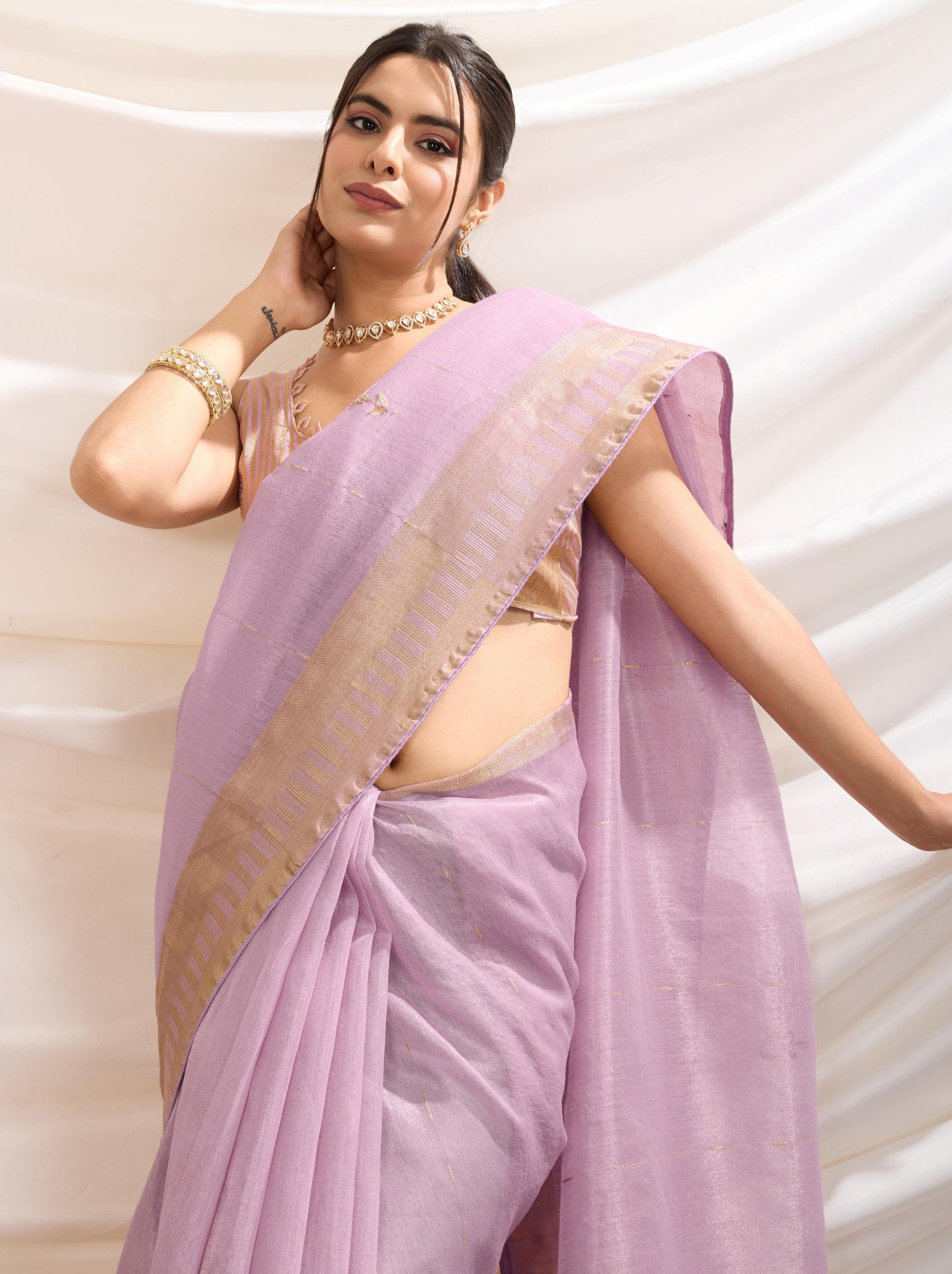 Lavender Purple Tissue Linen Premium Saree With Blouse Piece - TrendOye
