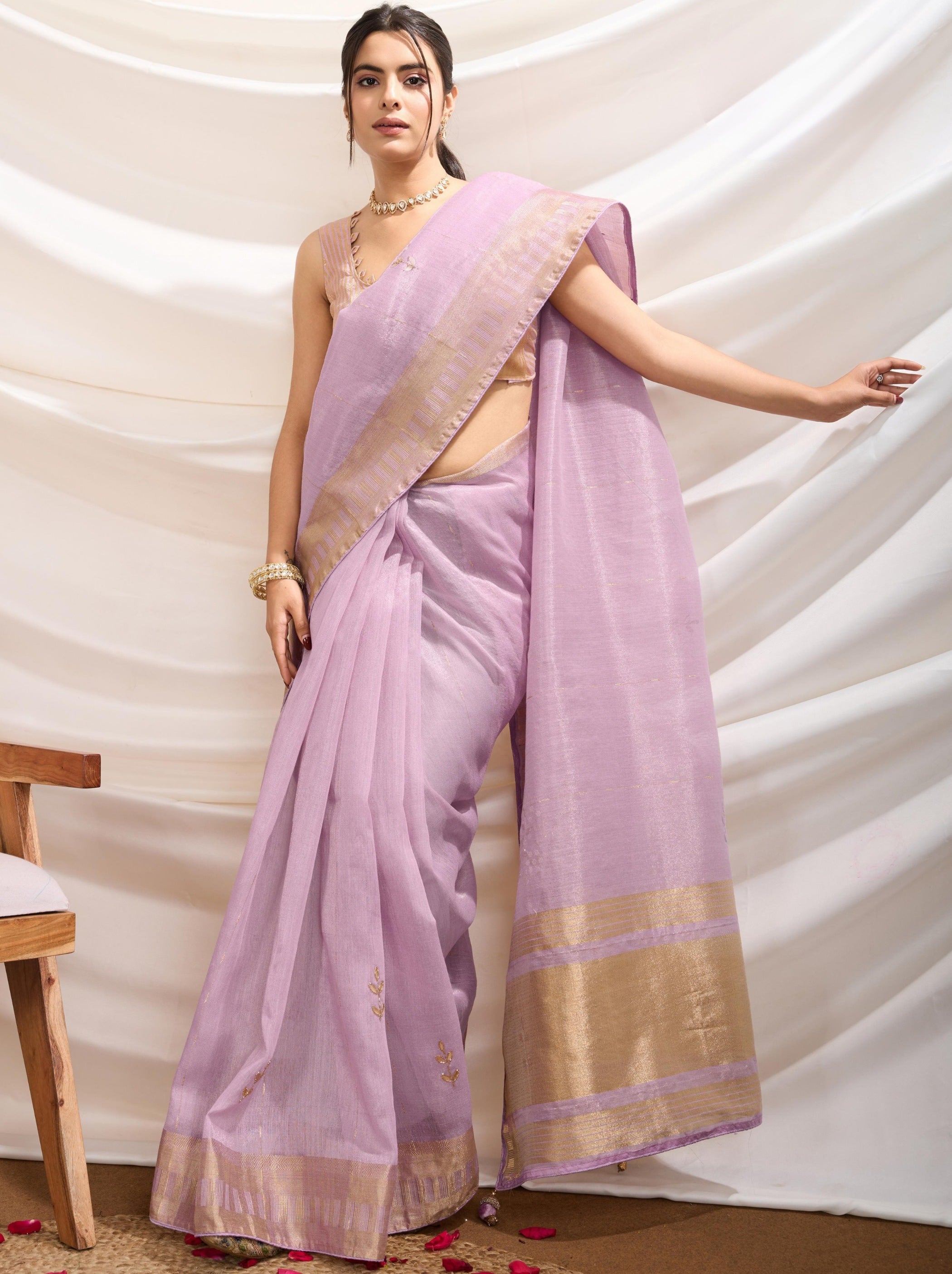 Lavender Purple Tissue Linen Premium Saree With Blouse Piece - TrendOye