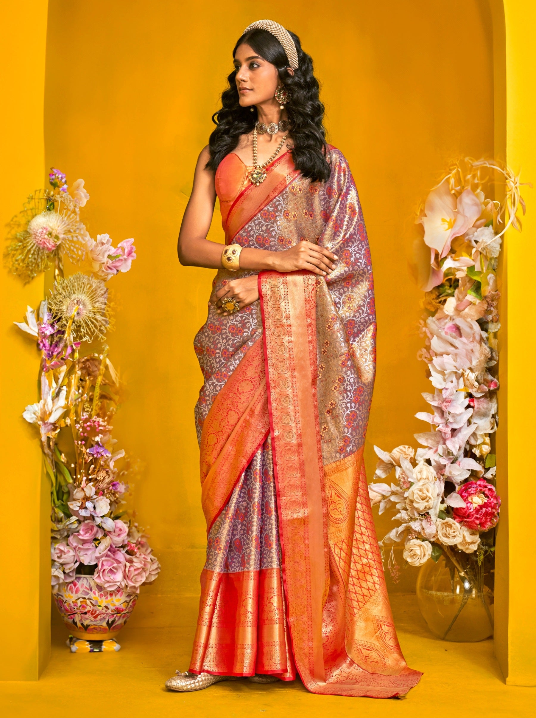 Electric Purple Premium Soft Silk Floral Pattern Saree With Blouse Piece - TrendOye