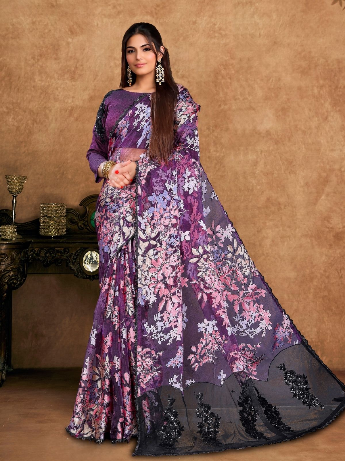 Floral Purple Premium Reception Wear Saree With Unstitched Blouse