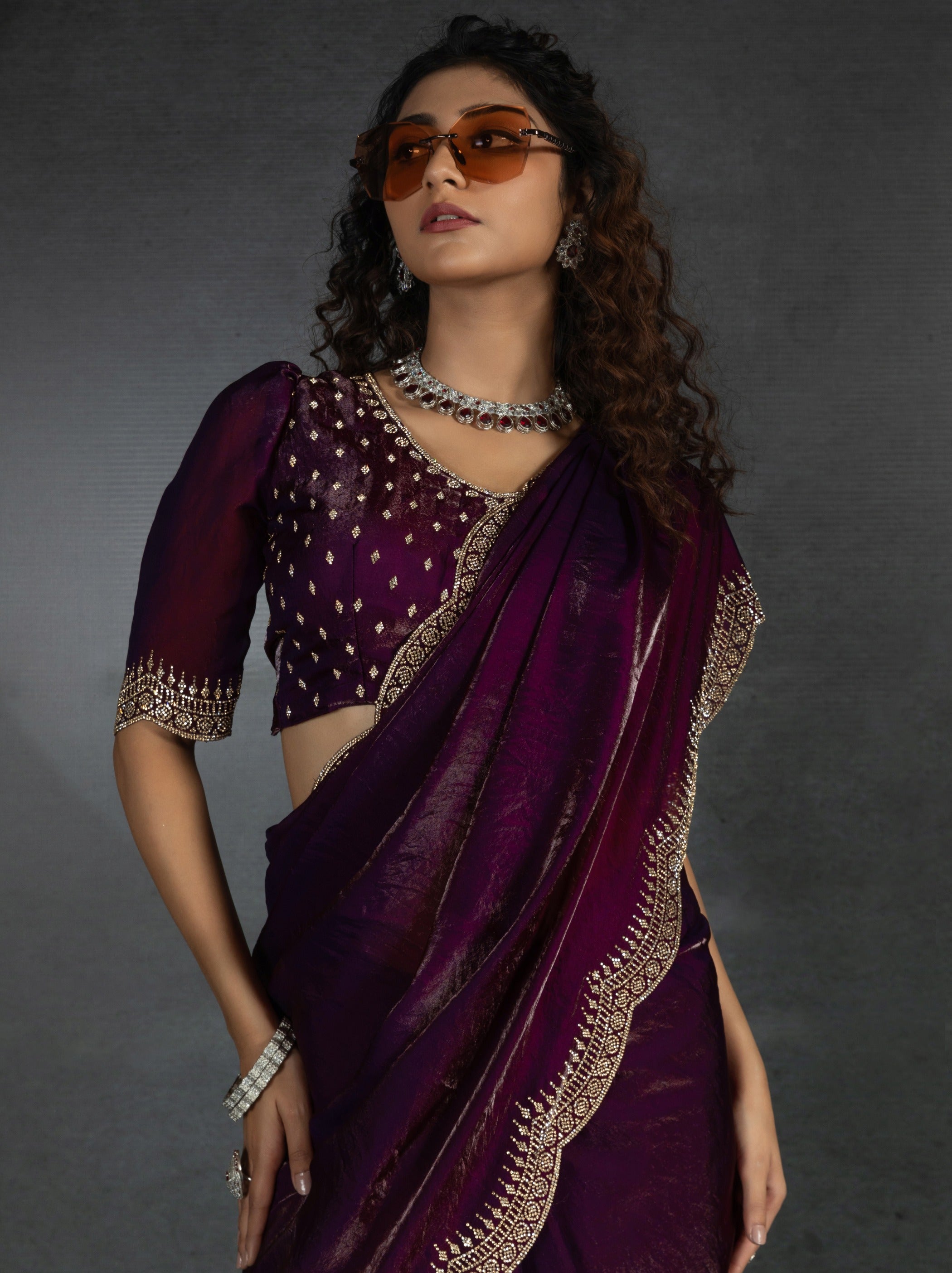 Wine Purple Satin Silk Party Saree Embellished With Zircon Handwork On Border - TrendOye