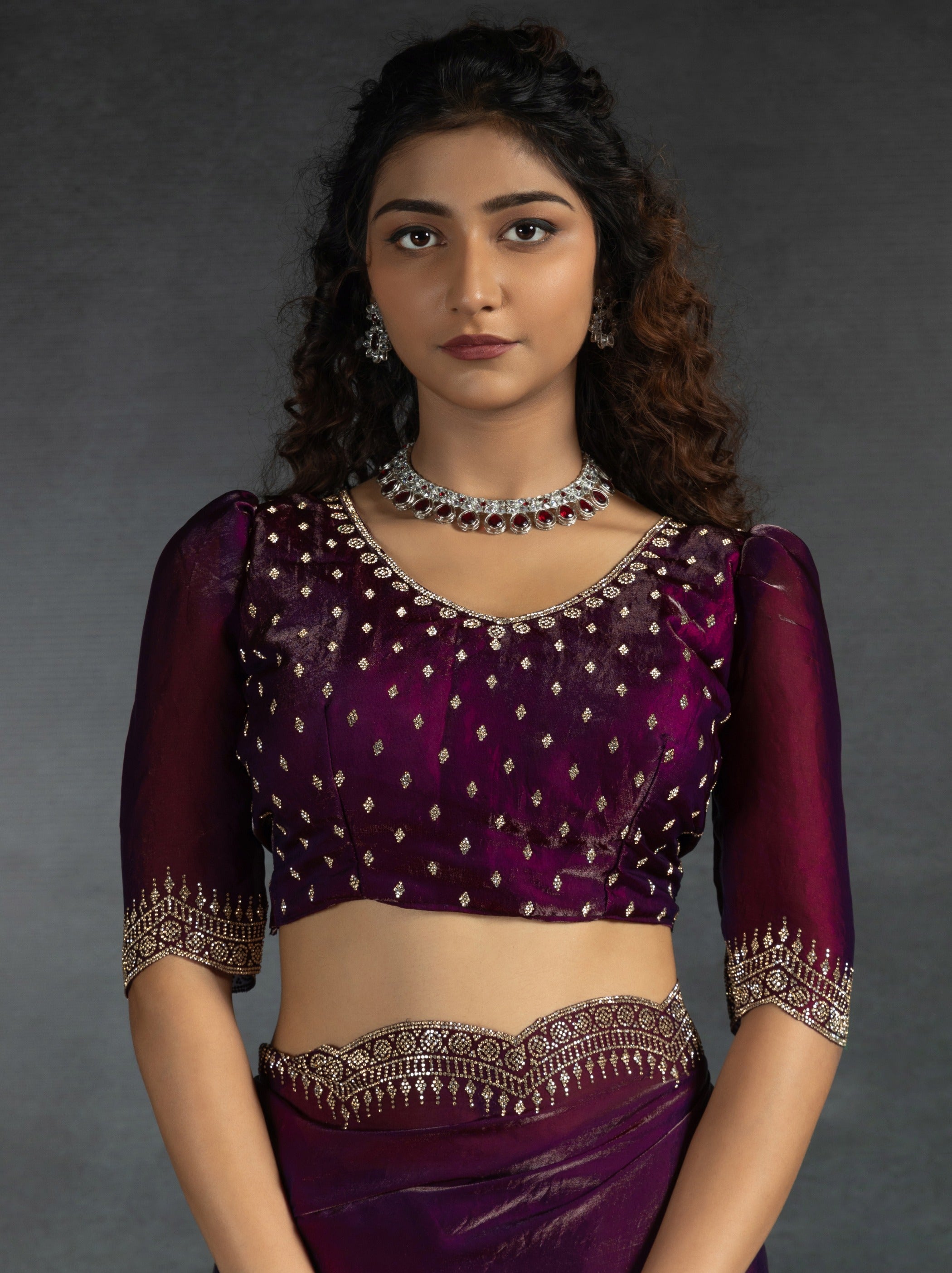 Wine Purple Satin Silk Party Saree Embellished With Zircon Handwork On Border - TrendOye